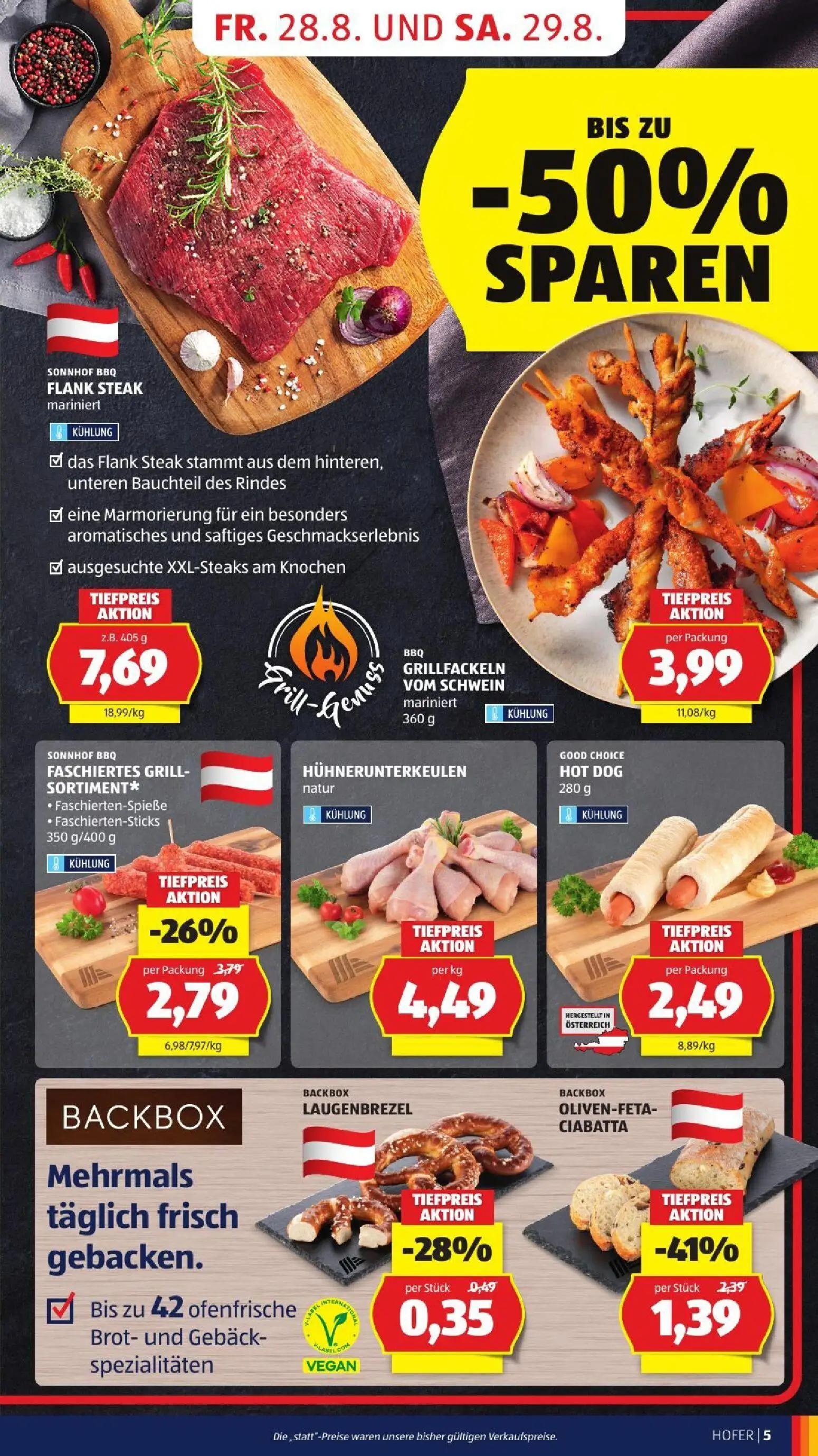 Hofer Prospekt, Seite 15 von 45 — FASCHIERTES GRILL-SORTIMENT*, FLANK STEAK mariniert, GRILLFACKELN VOM SCHWEIN mariniert