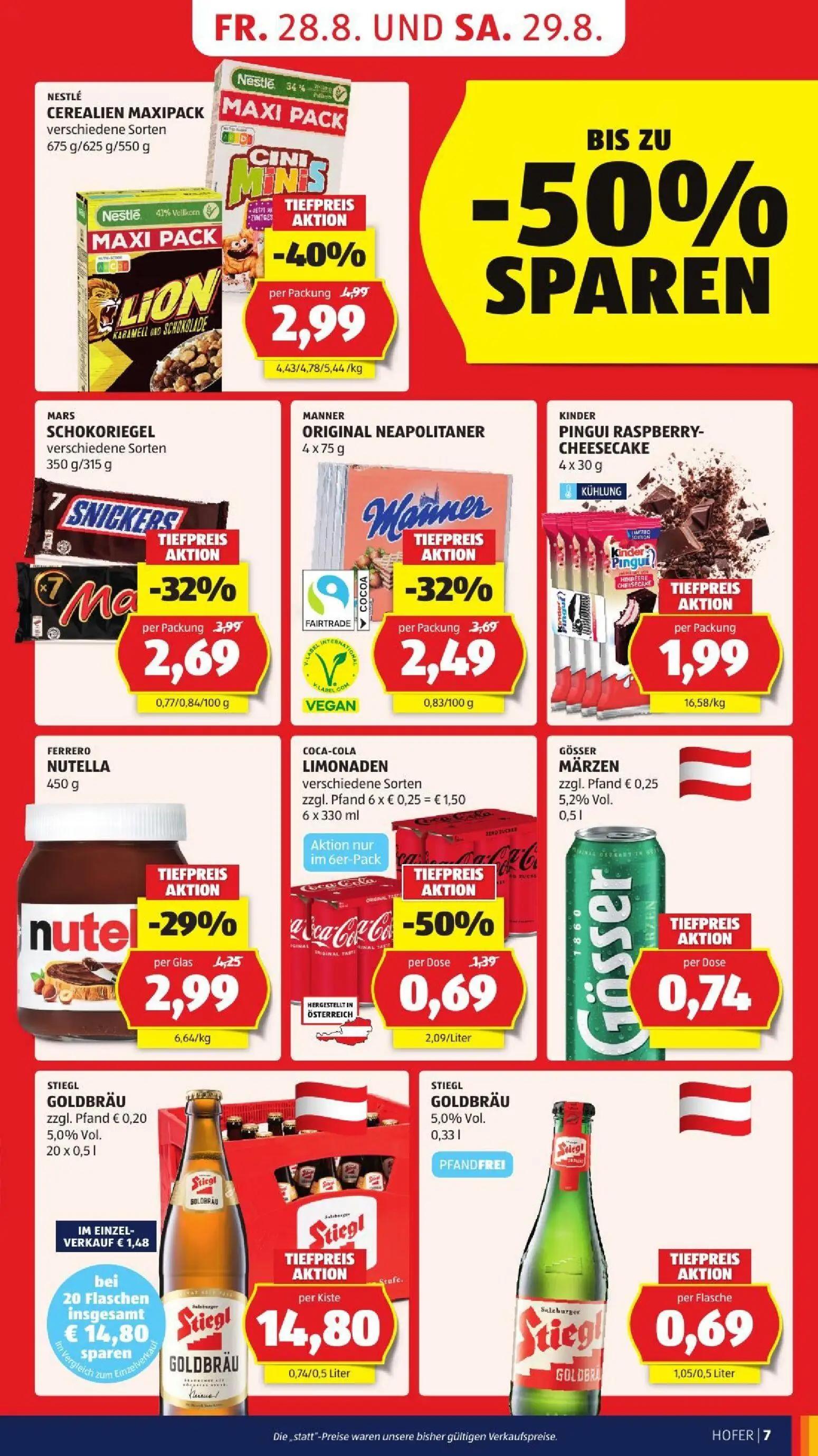Hofer Prospekt, Seite 17 von 45 — MARS SCHOKORIEGEL verschiedene Sorten, MANNER ORIGINAL NEAPOLITANER, KINDER PINGUI RASPBER…