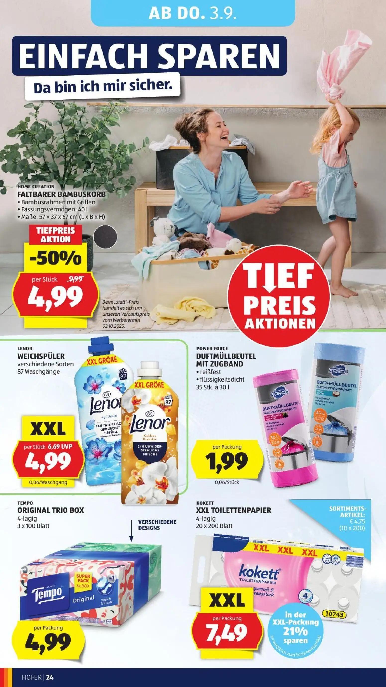 Hofer Prospekt, Seite 36 von 45 — FALTBARER BAMBUSKORB, XXL TOILETTENPAPIER, WEICHSPÜLER verschiedene Sorten