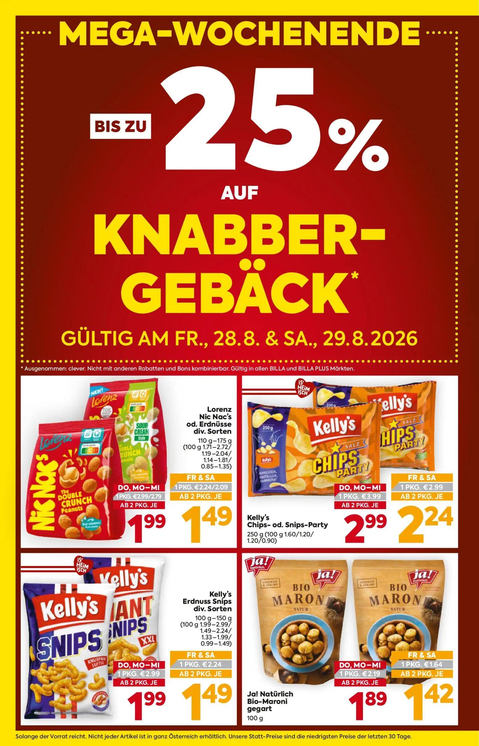 Billa Prospekt, Seite 2 von 20 — Kelly's Chips- od. Snips-Party, Lorenz Nic Nac's od. Erdnüsse div. Sorten, Kelly's Erdnuss …