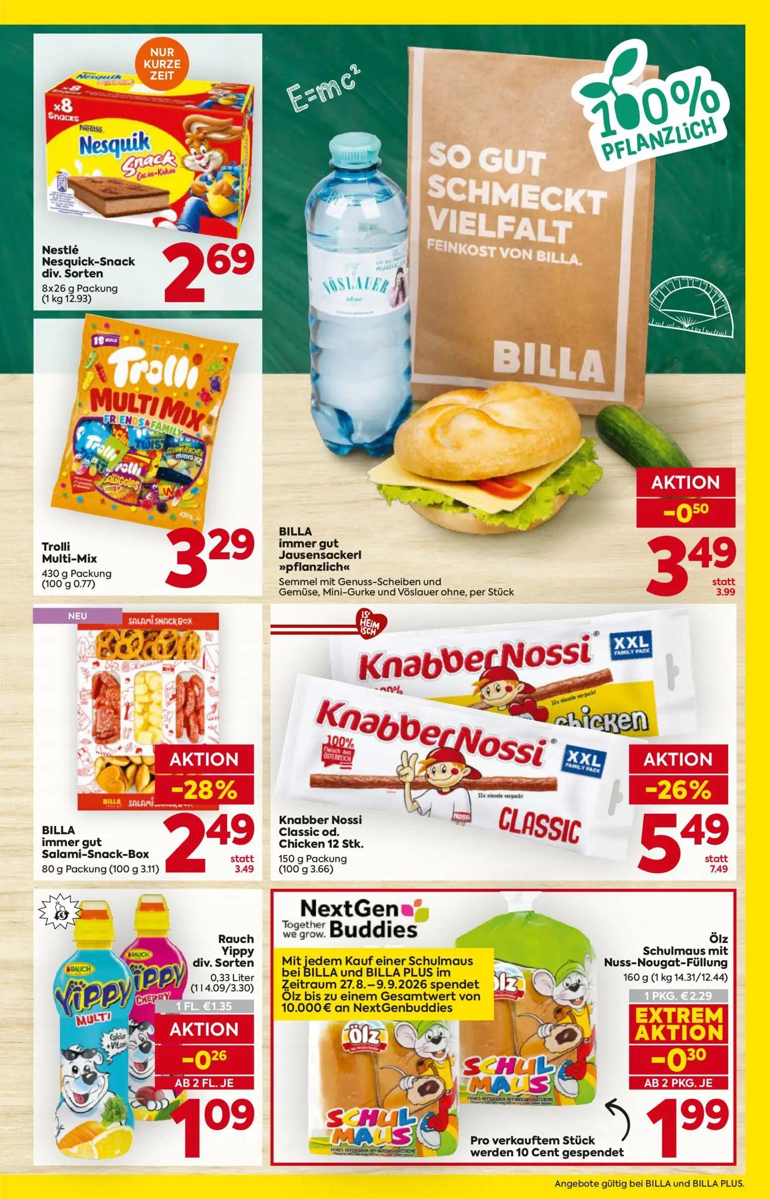 Billa Prospekt, Seite 7 von 20 — BILLA immer gut Salami-Snack-Box, Nestlé Nesquick-Snack div. Sorten, Trolli Multi-Mix