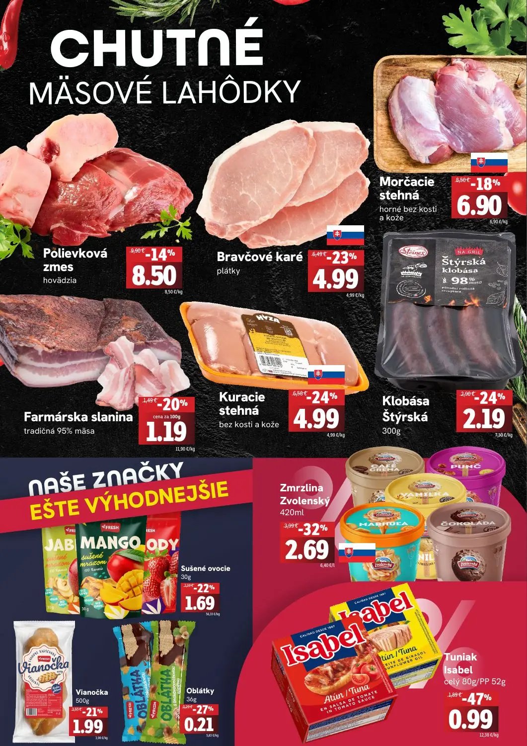Fresh leták, strana 2 z 4 — Morčacie stehná horné bez kosti a kože, Kuracie stehná bez kosti a kože, Bravčové karé plátky