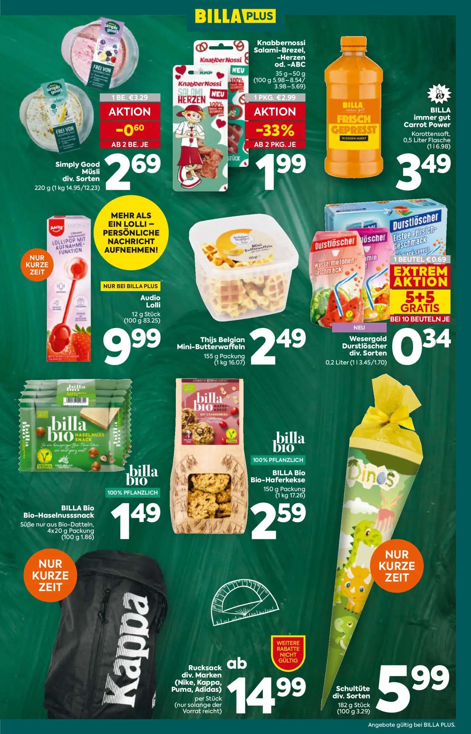 Billa Plus Prospekt, Seite 9 von 20 — Knabbernossi Salami-Brezel, -Herzen od. -ABC, Simply Good Müsli div. Sorten, Wesergold…
