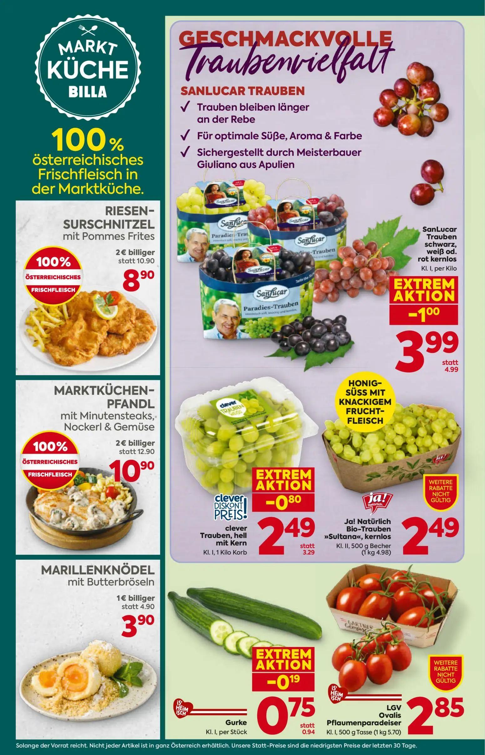 Billa Plus Prospekt, Seite 10 von 20 — RIESEN-SURSCHNITZEL mit Pommes Frites, MARKTKÜCHEN-PFANDL mit Minutensteaks, Nockerl …