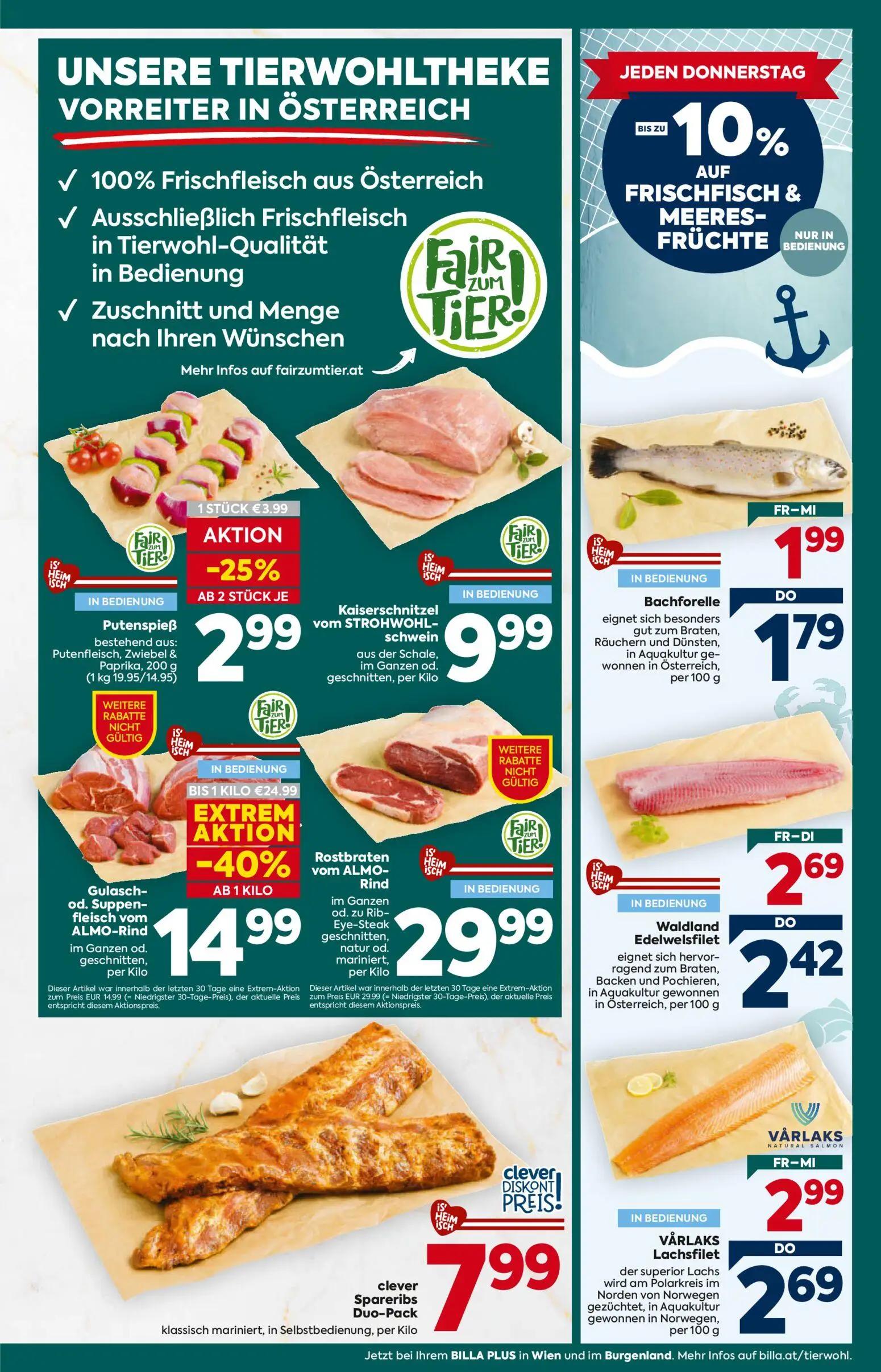 Billa Plus Prospekt, Seite 11 von 20 — Gulasch- od. Suppenfleisch vom ALMO-Rind, Putenspieß, VÅRLAKS Lachsfilet