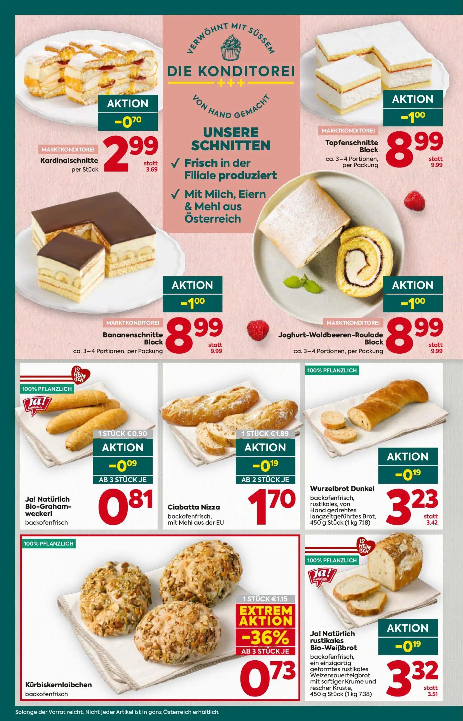 Billa Plus Prospekt, Seite 14 von 20 — Topfenschnitte Block, Bananenschnitte Block, Joghurt-Waldbeeren-Roulade Block