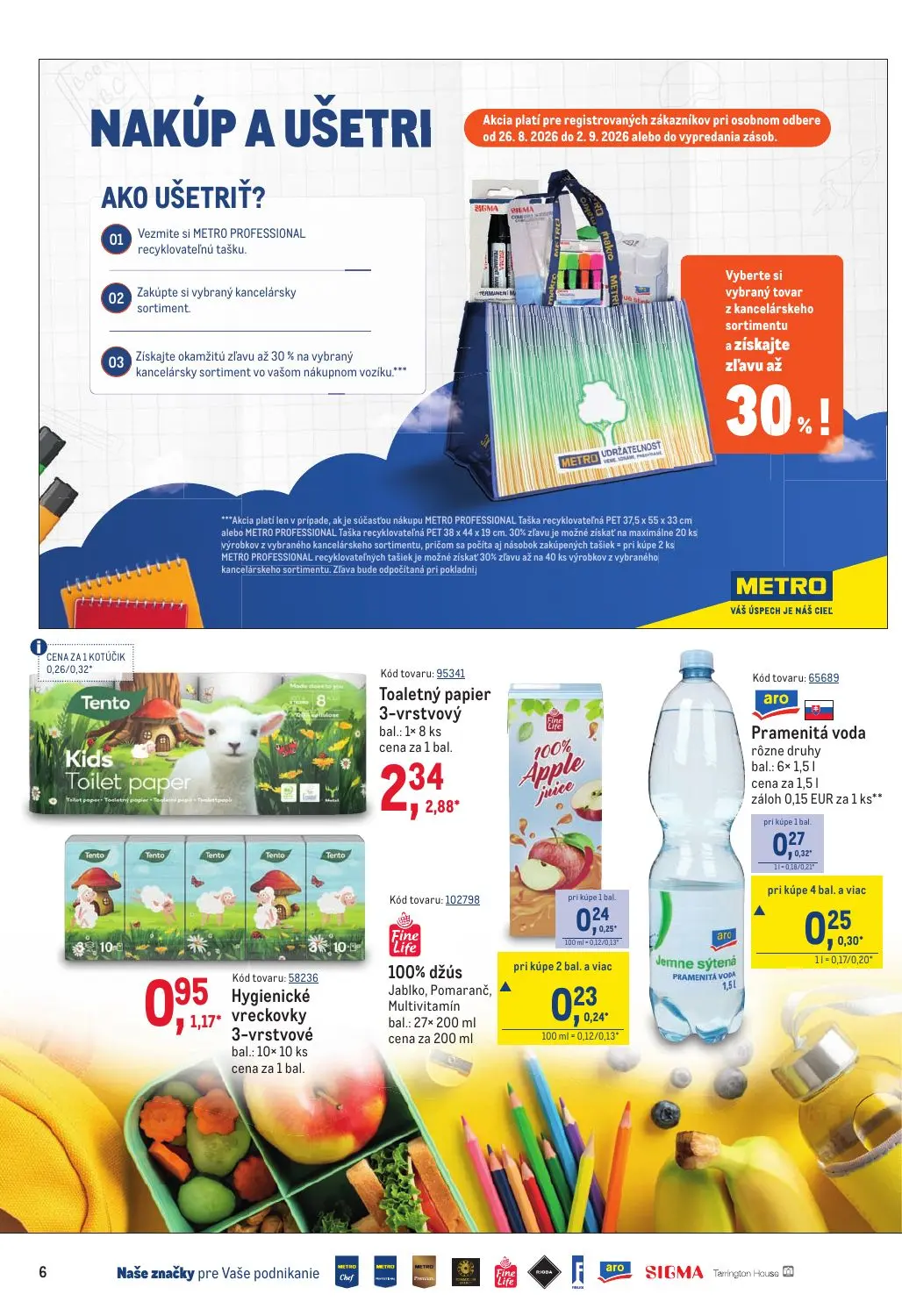 Metro leták, strana 6 z 40 — Toaletný papier 3-vrstvový, Hygienické vreckovky 3-vrstvové, Pramenitá voda rôzne druhy