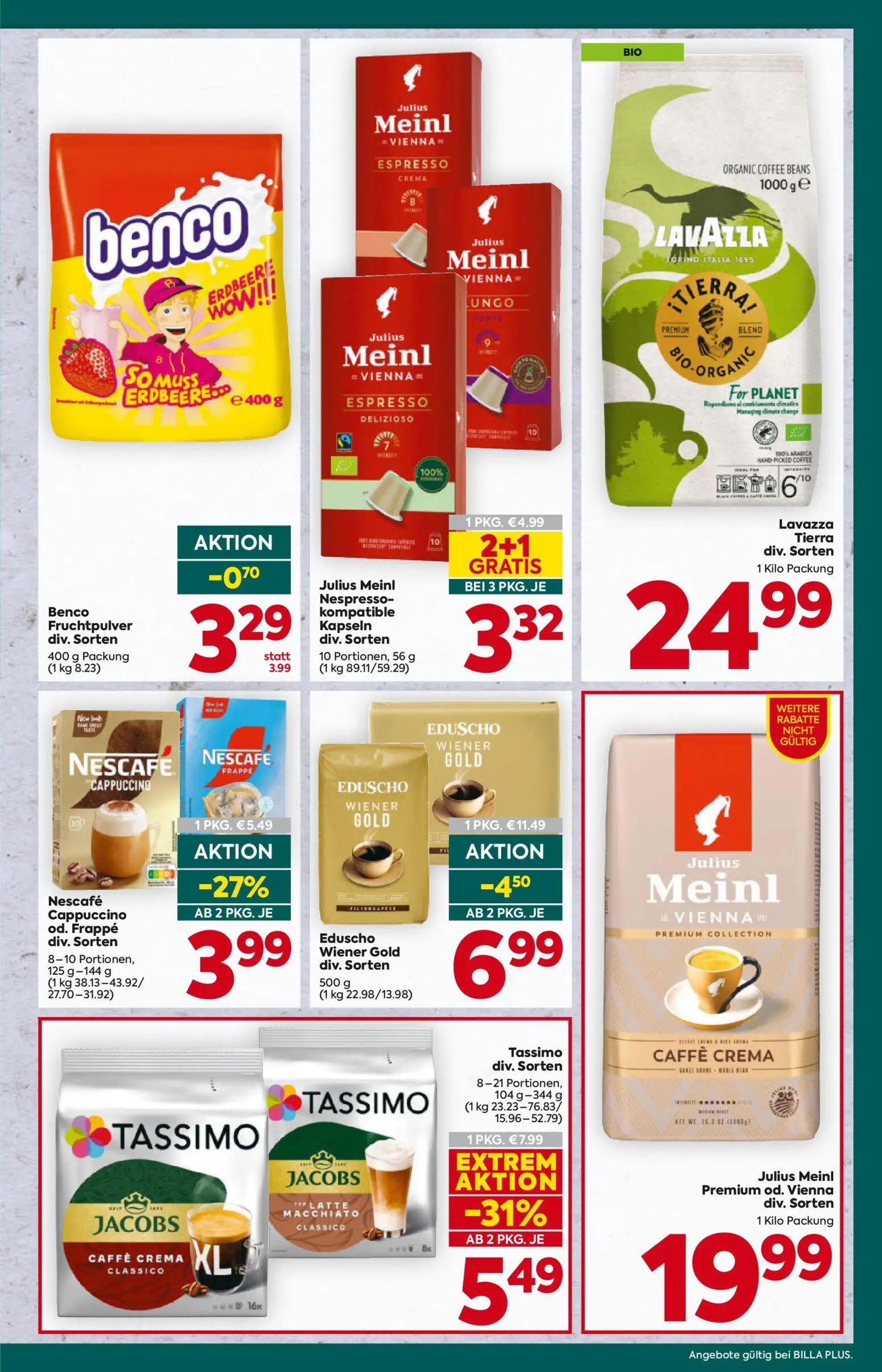 Billa Plus Prospekt, Seite 17 von 20 — Eduscho Wiener Gold div. Sorten, Tassimo div. Sorten, Julius Meinl Nespresso-kompatib…