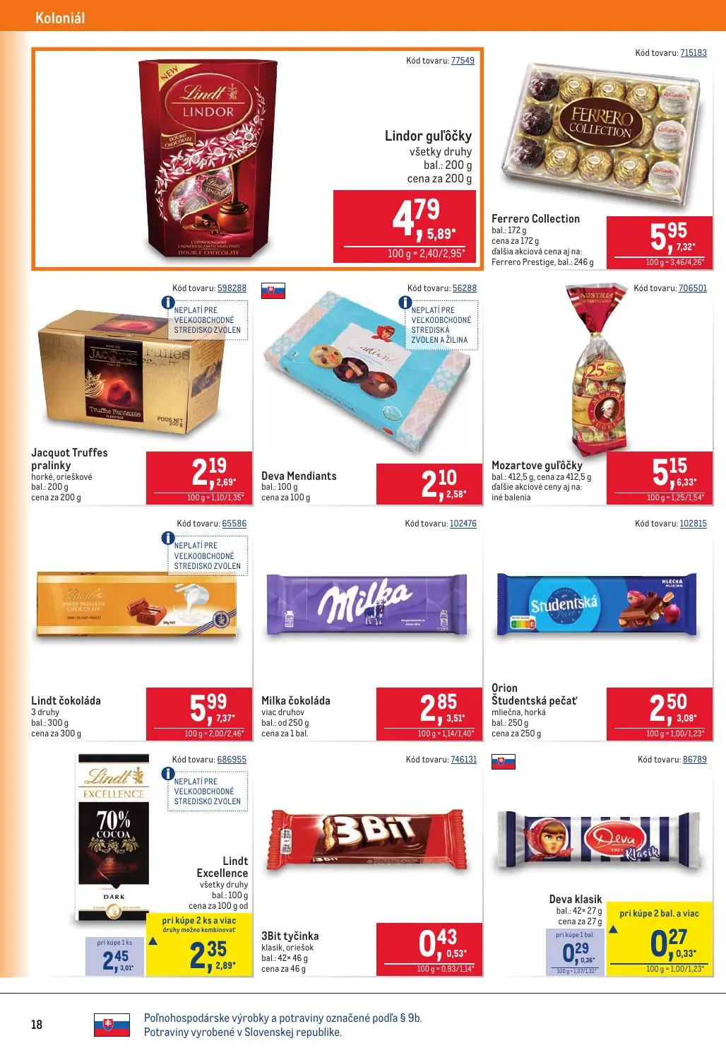 Metro leták, strana 18 z 40 — Lindt Excellence všetky druhy, Deva klasik, Lindor guľôčky všetky druhy