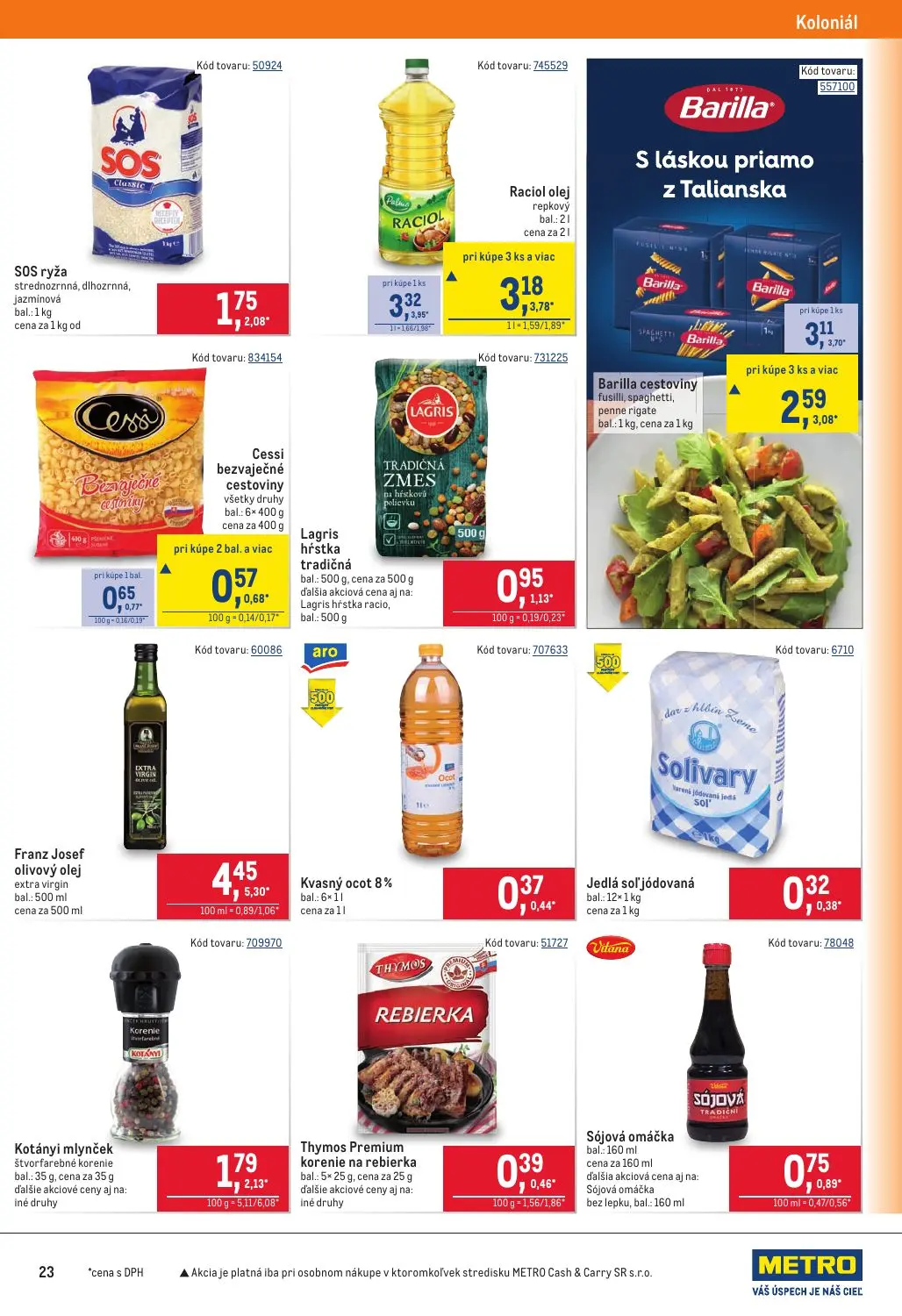 Metro leták, strana 23 z 40 — Barilla cestoviny fusilli, spaghetti, penne rigate, Franz Josef olivový olej extra virgin, Rac…