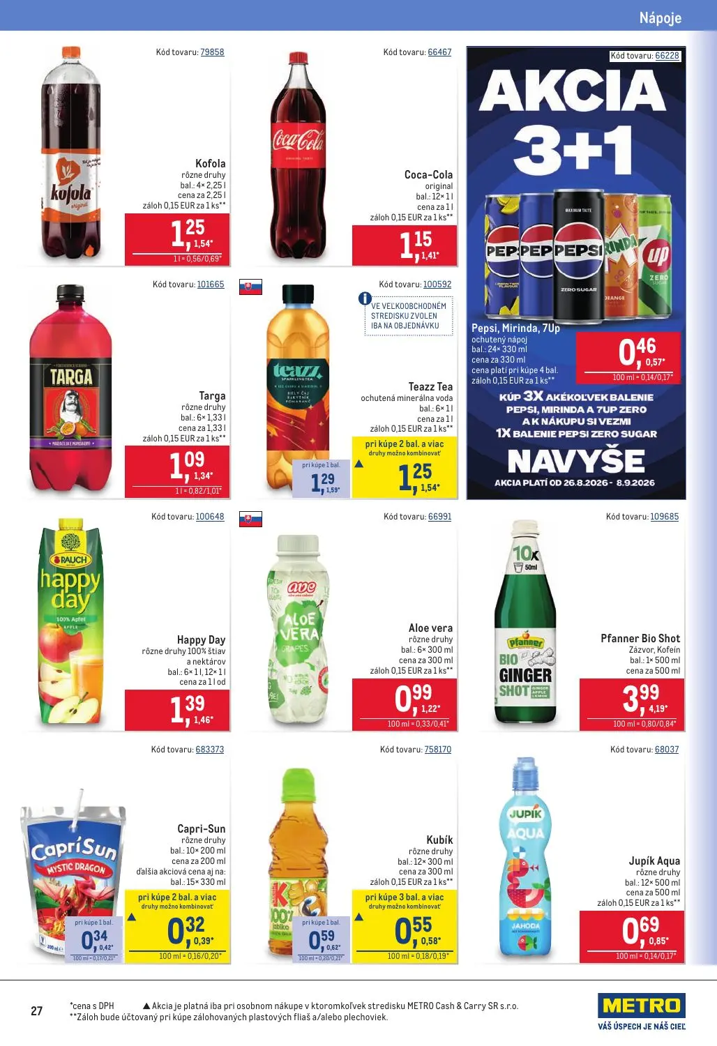 Metro leták, strana 27 z 40 — Teazz Tea ochutená minerálna voda, Kubík rôzne druhy, Capri-Sun rôzne druhy