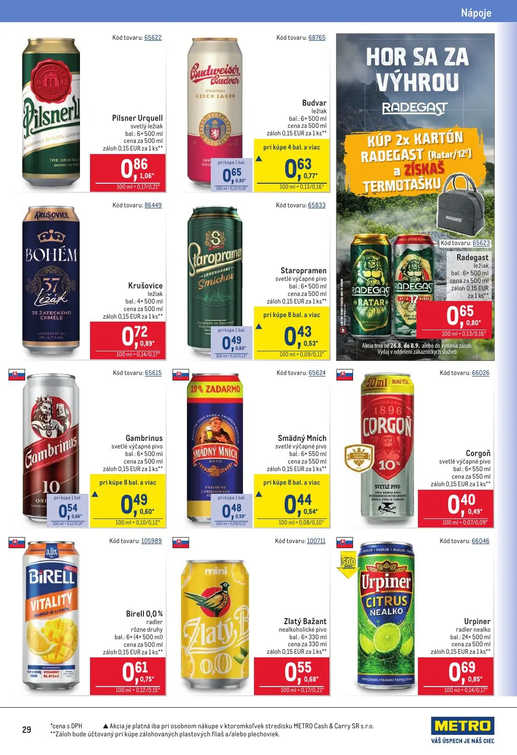 Metro leták, strana 29 z 40 — Pilsner Urquell svetlý ležiak, Krušovice ležiak, Urpiner radler nealko