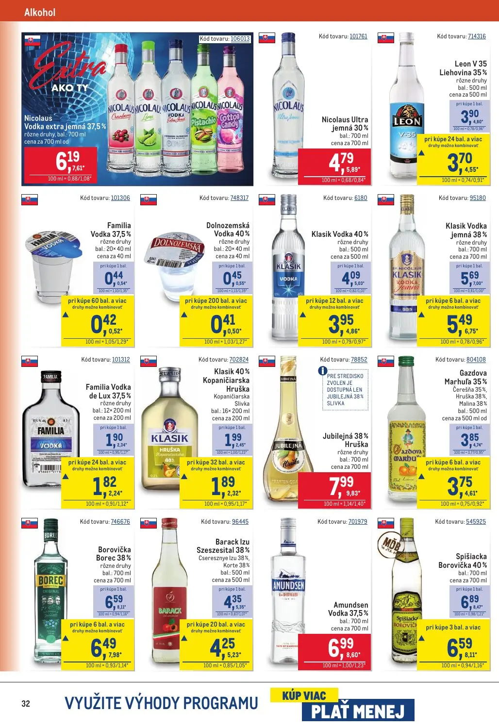 Metro leták, strana 32 z 40 — Spišiacka Borovička 40%, Leon V 35 Liehovina 35% rôzne druhy, Klasik Vodka jemná 38% rôzne dru…