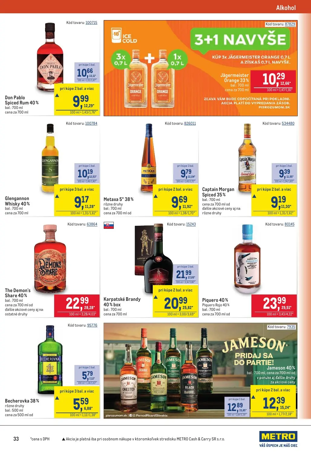 Metro leták, strana 33 z 40 — Glengannon Whisky 40%, Karpatské Brandy 40% box, Don Pablo Spiced Rum 40%