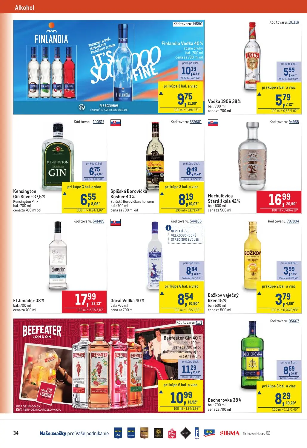Metro leták, strana 34 z 40 — Finlandia Vodka, Spišská Borovička Kosher, Goral Vodka
