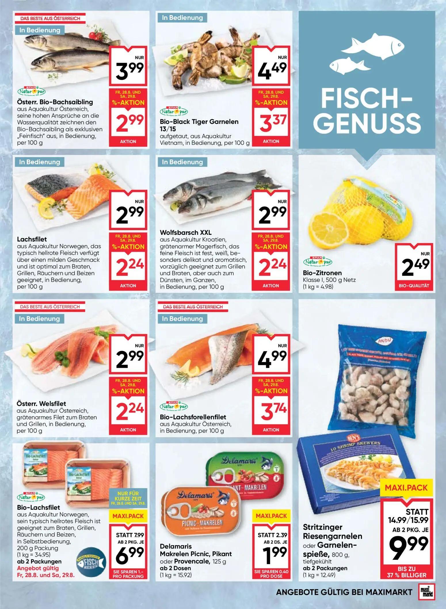 Maximarkt Prospekt, Seite 7 von 24 — Stritzinger Riesengarnelen oder Garnelen-spieße, Bio-Lachsforellenfilet, Bio-Black Tige…