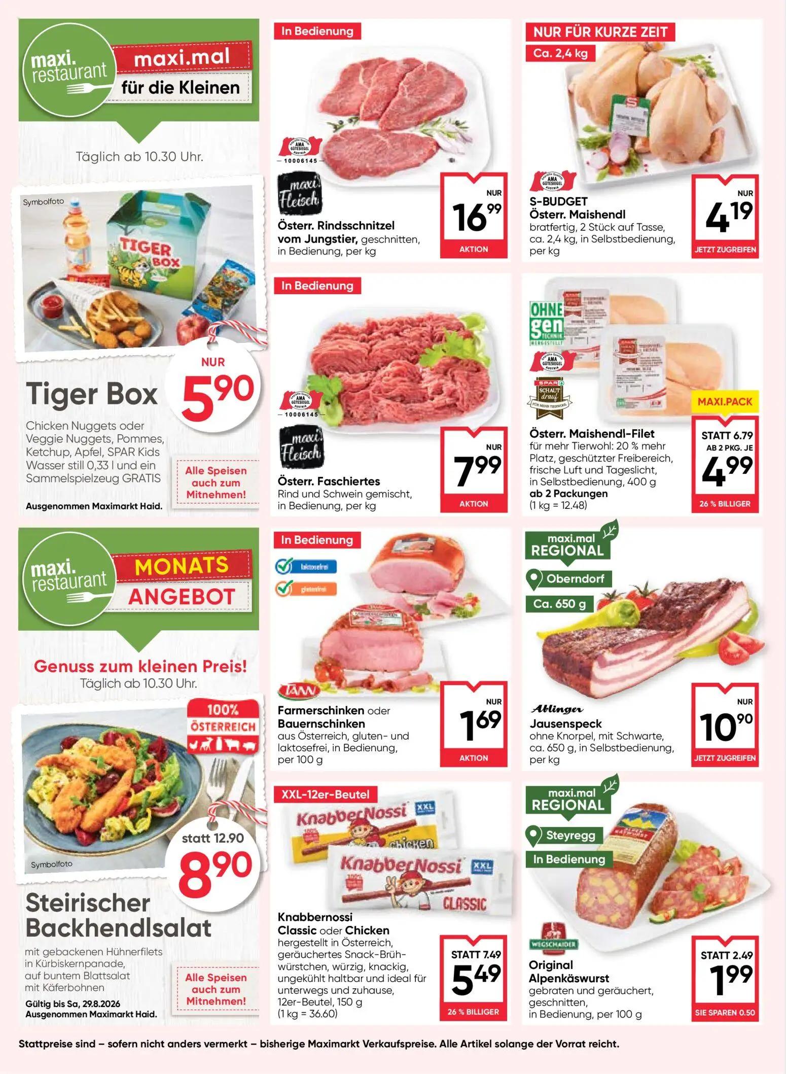 Maximarkt Prospekt, Seite 8 von 24 — Steirischer Backhendisalat, Knabbernossi Classic oder Chicken, Österr. Maishendl-Filet