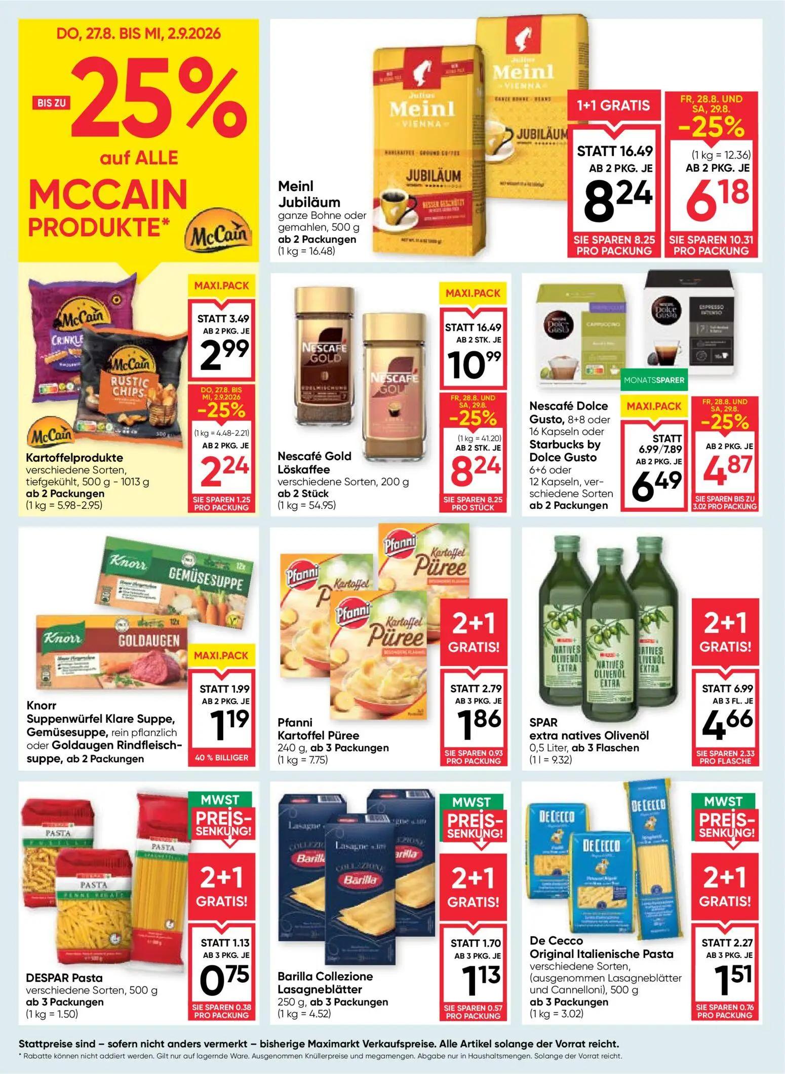 Maximarkt Prospekt, Seite 10 von 24 — Meinl Jubiläum ganze Bohne oder gemahlen, Nescafé Gold Löskaffee verschiedene Sorten, …