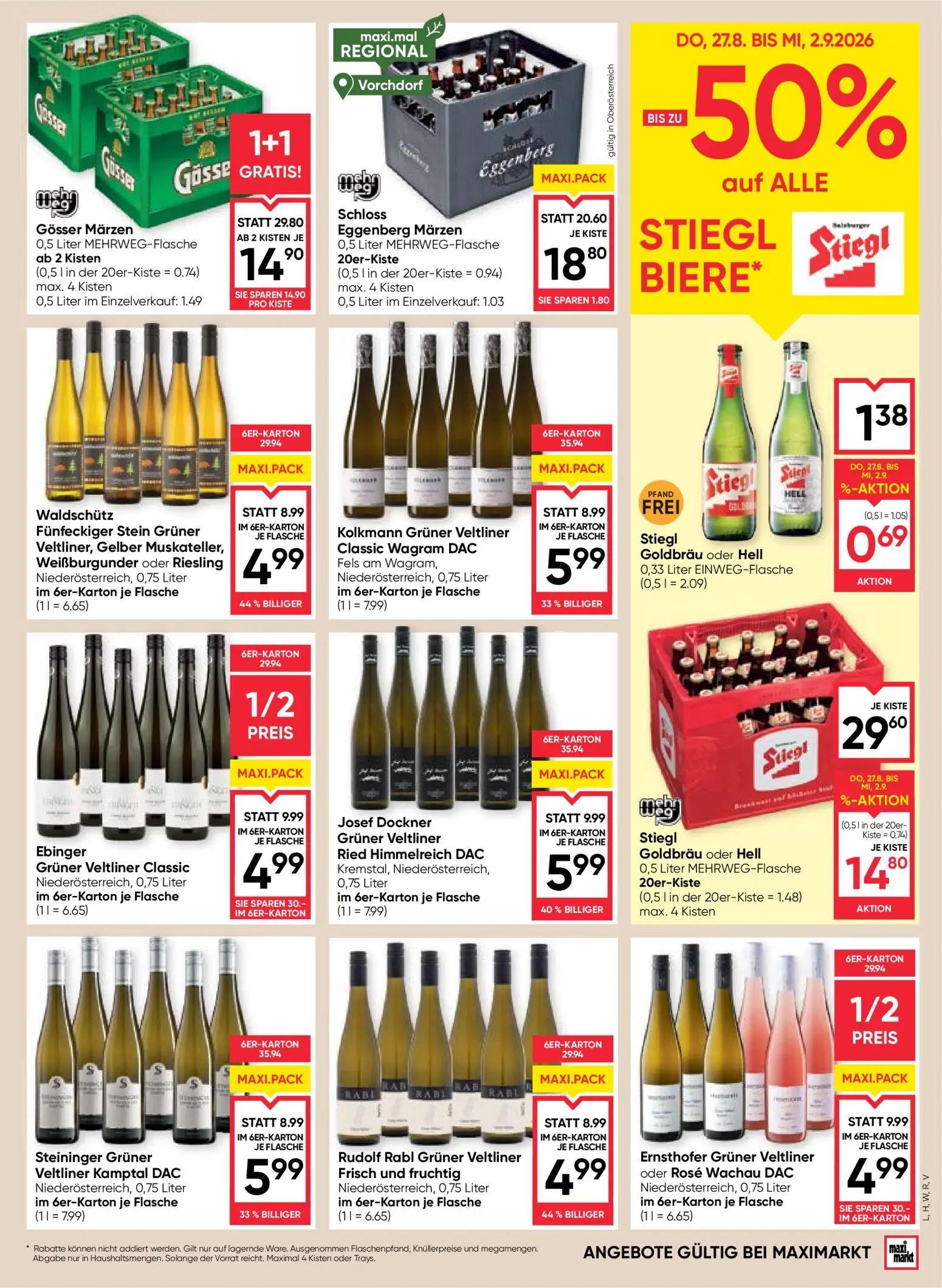 Maximarkt Prospekt, Seite 13 von 24 — Gösser Märzen, Ebinger Grüner Veltliner Classic, Ernsthofer Grüner Veltliner oder Rosé…