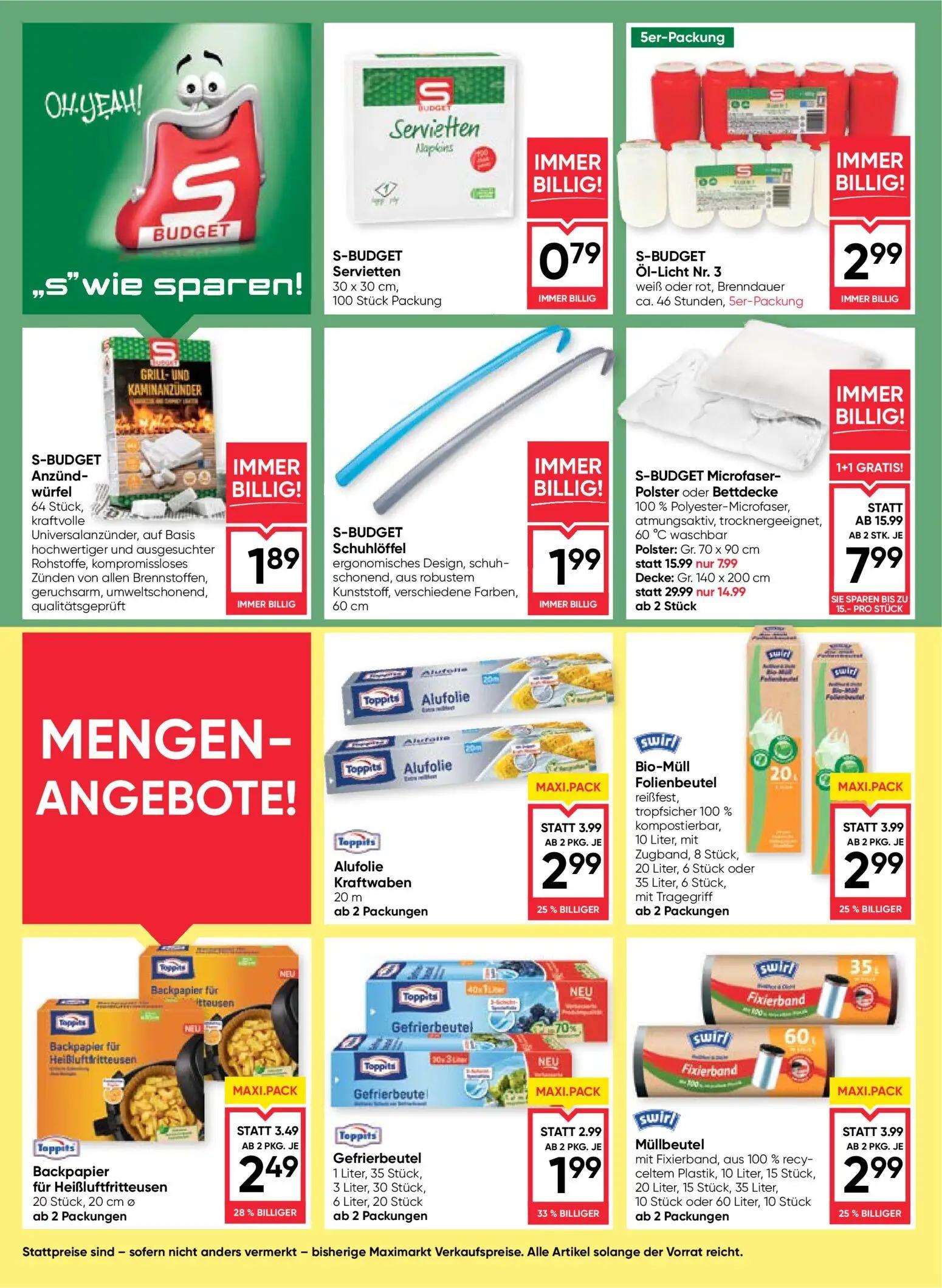Maximarkt Prospekt, Seite 16 von 24 — S-BUDGET Microfaser-Polster oder Bettdecke, Toppits Alufolie Kraftwaben, swirl Bio-Mül…