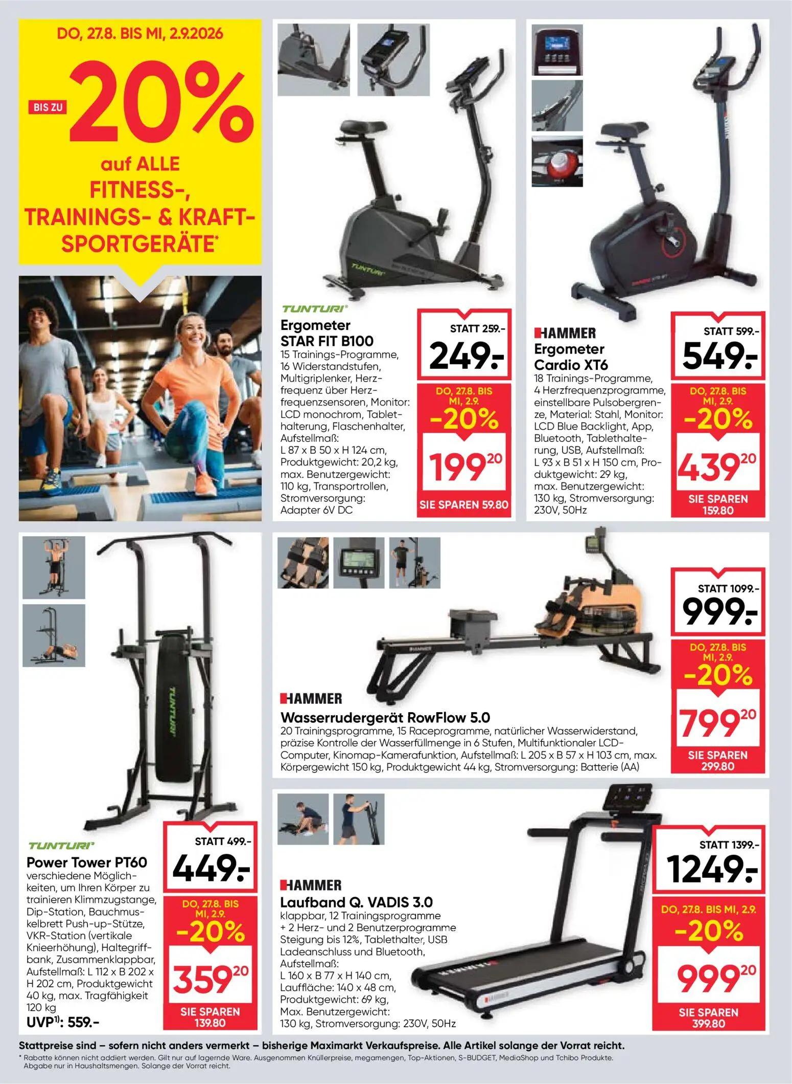 Maximarkt Prospekt, Seite 22 von 24 — HAMMER Laufband Q. VADIS 3.0, HAMMER Wasserrudergerät RowFlow 5.0, TUNTURI Power Tower…