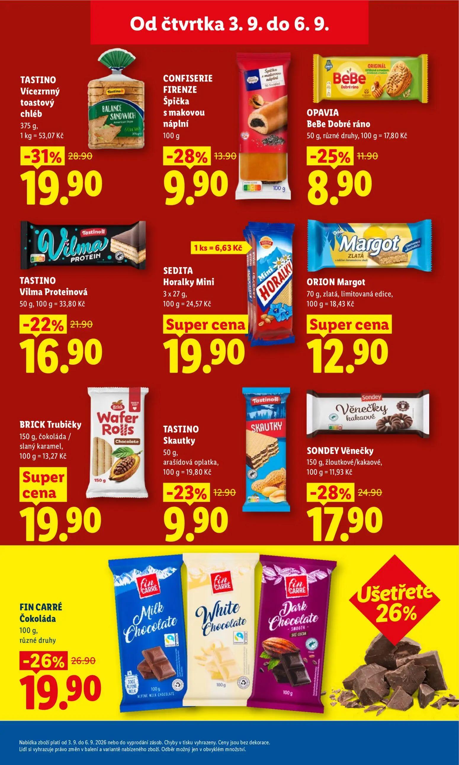 Lidl leták, strana 23 z 50 — TASTINO Vícezrnný toastový chléb, OPAVIA BeBe Dobré ráno, SEDITA Horalky Mini