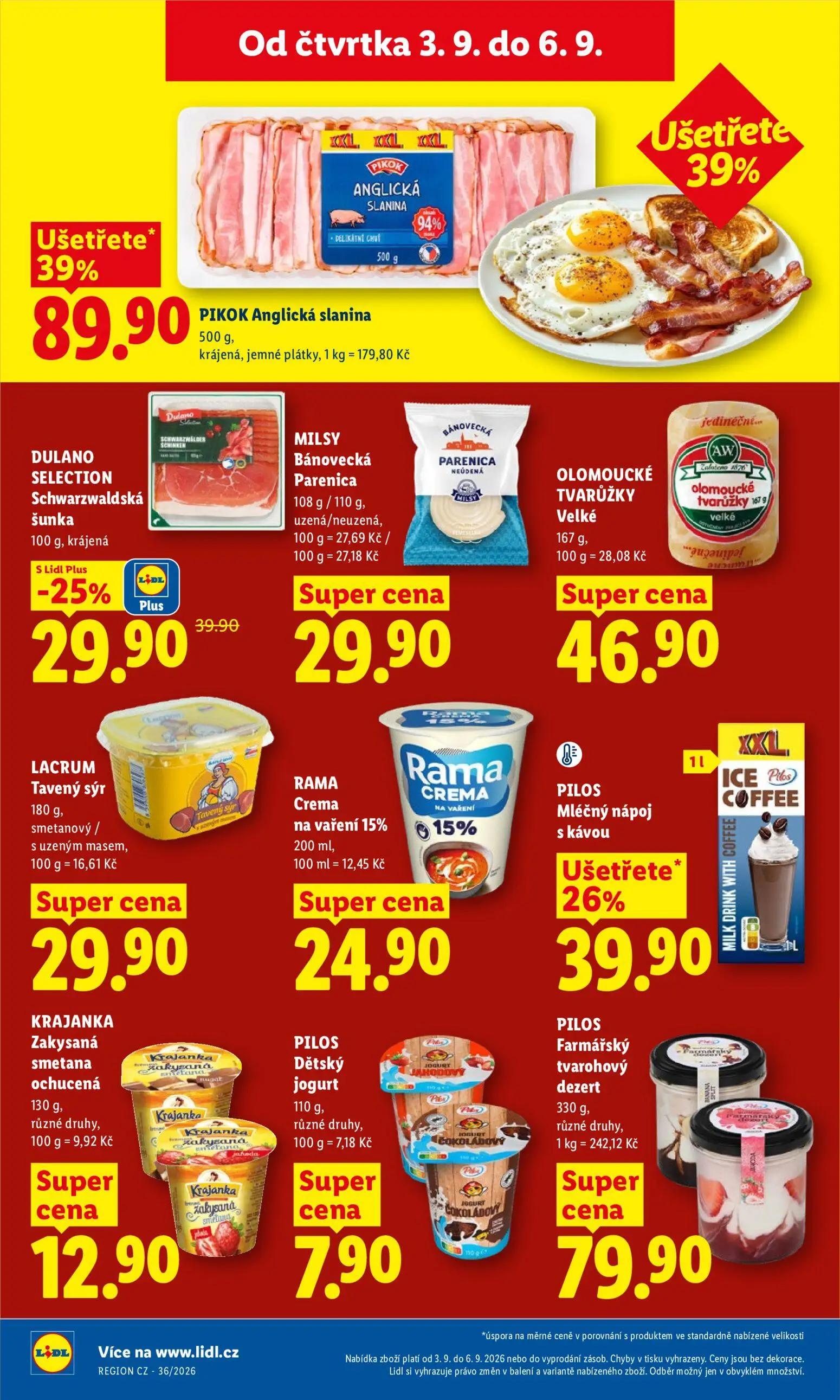 Lidl leták, strana 26 z 50 — PIKOK Anglická slanina, PILOS Mléčný nápoj s kávou, PILOS Dětský jogurt