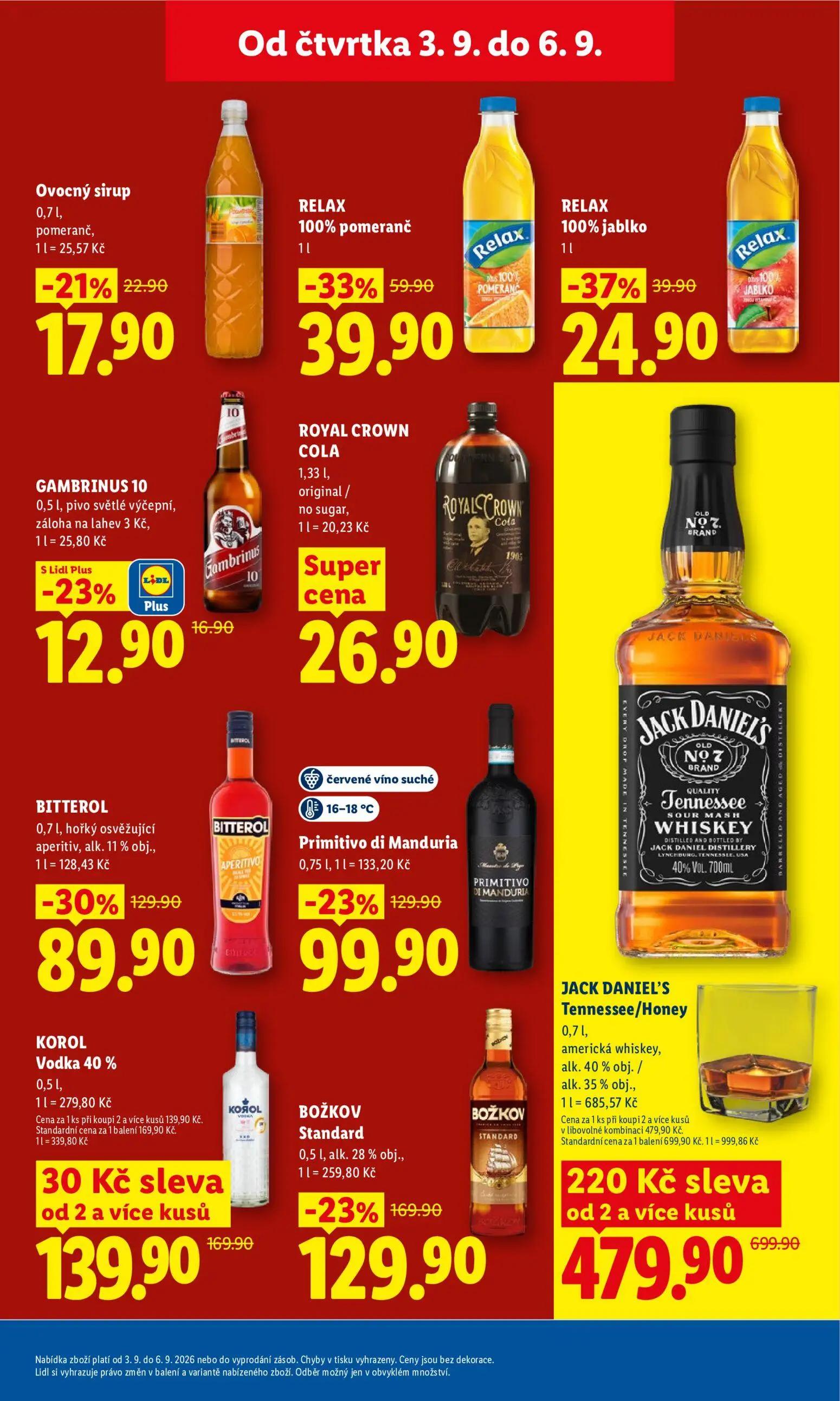 Lidl leták, strana 29 z 50 — JACK DANIEL'S Tennessee/Honey americká whiskey, BOŽKOV Standard, KOROL Vodka 40 %