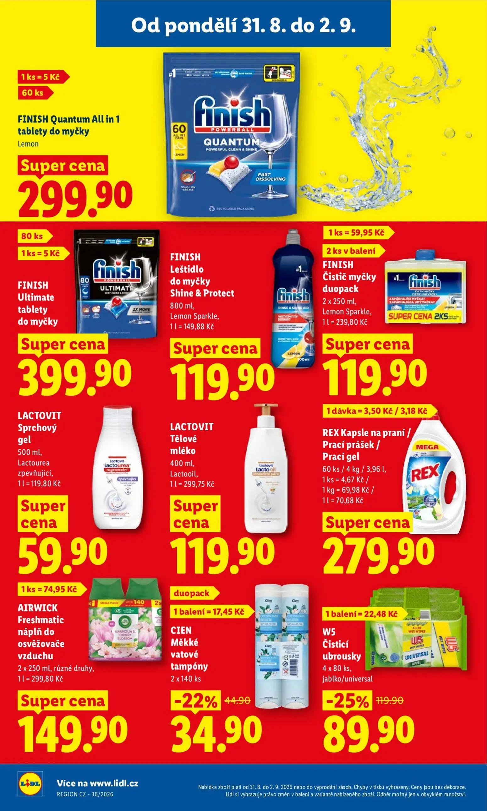 Lidl leták, strana 30 z 53 — W5 Čisticí ubrousky jablko/universal, FINISH Quantum All in 1 tablety do myčky Lemon, FINISH Ul…