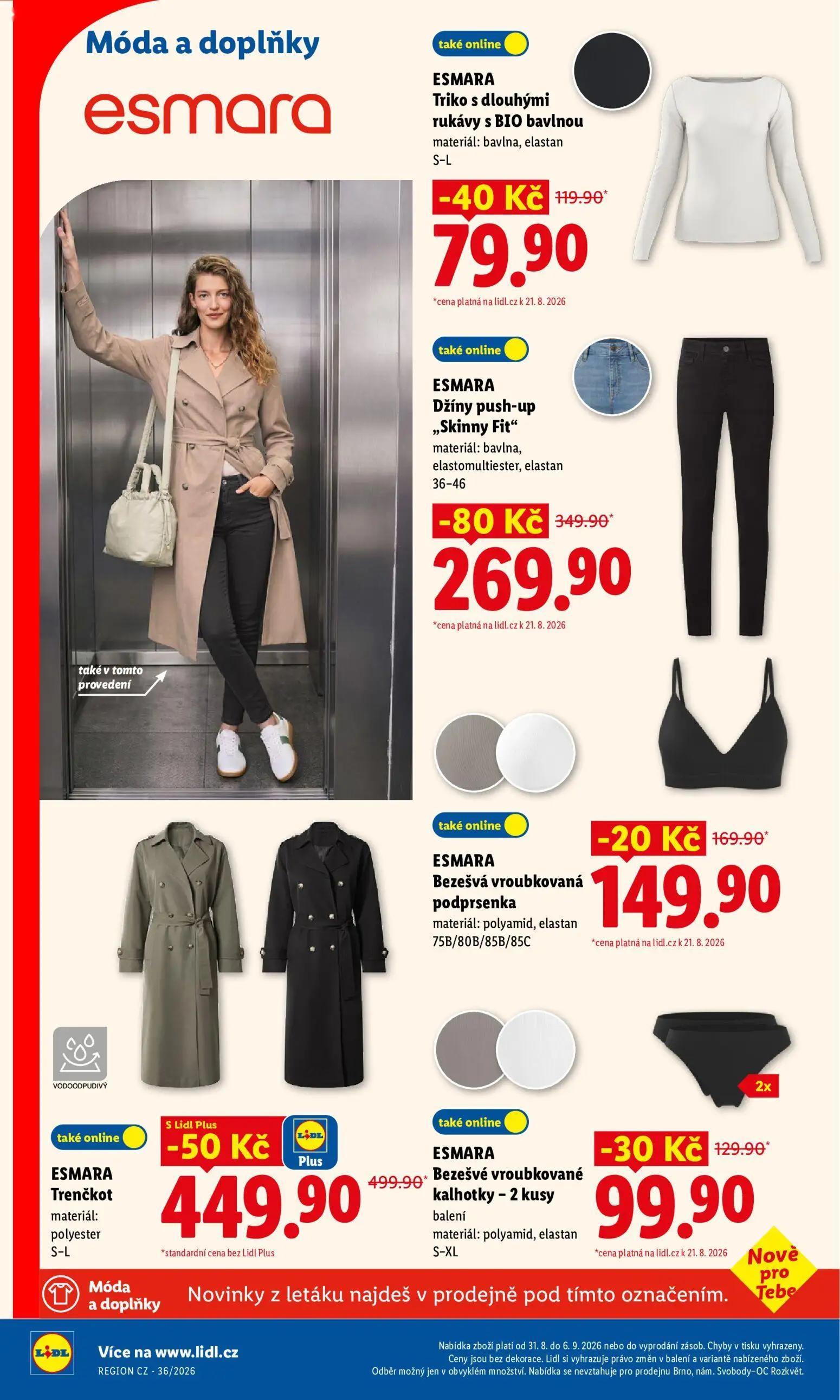 Lidl leták, strana 42 z 53 — ESMARA Džíny push-up „Skinny Fit", ESMARA Trenčkot, ESMARA Triko s dlouhými rukávy s BIO bavlnou