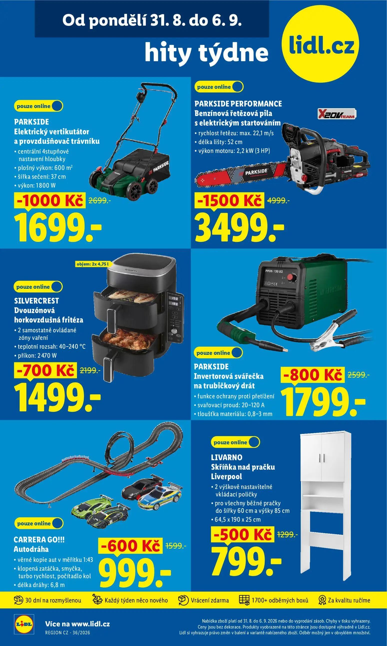 Lidl leták, strana 45 z 50 — PARKSIDE PERFORMANCE Benzínová řetězová pila s elektrickým startováním, PARKSIDE Elektrický ver…