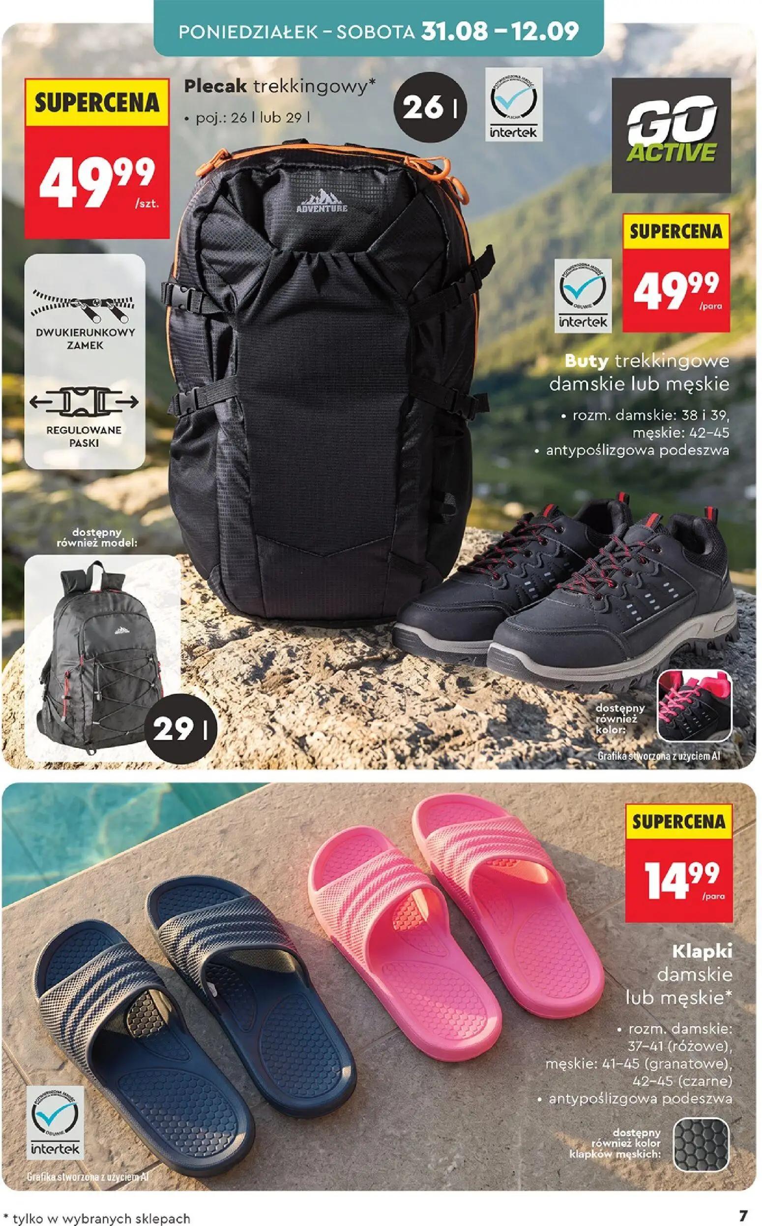 Biedronka gazetka, strona 7 z 44 — Plecak trekkingowy, Buty trekkingowe damskie lub męskie, Klapki damskie lub męskie