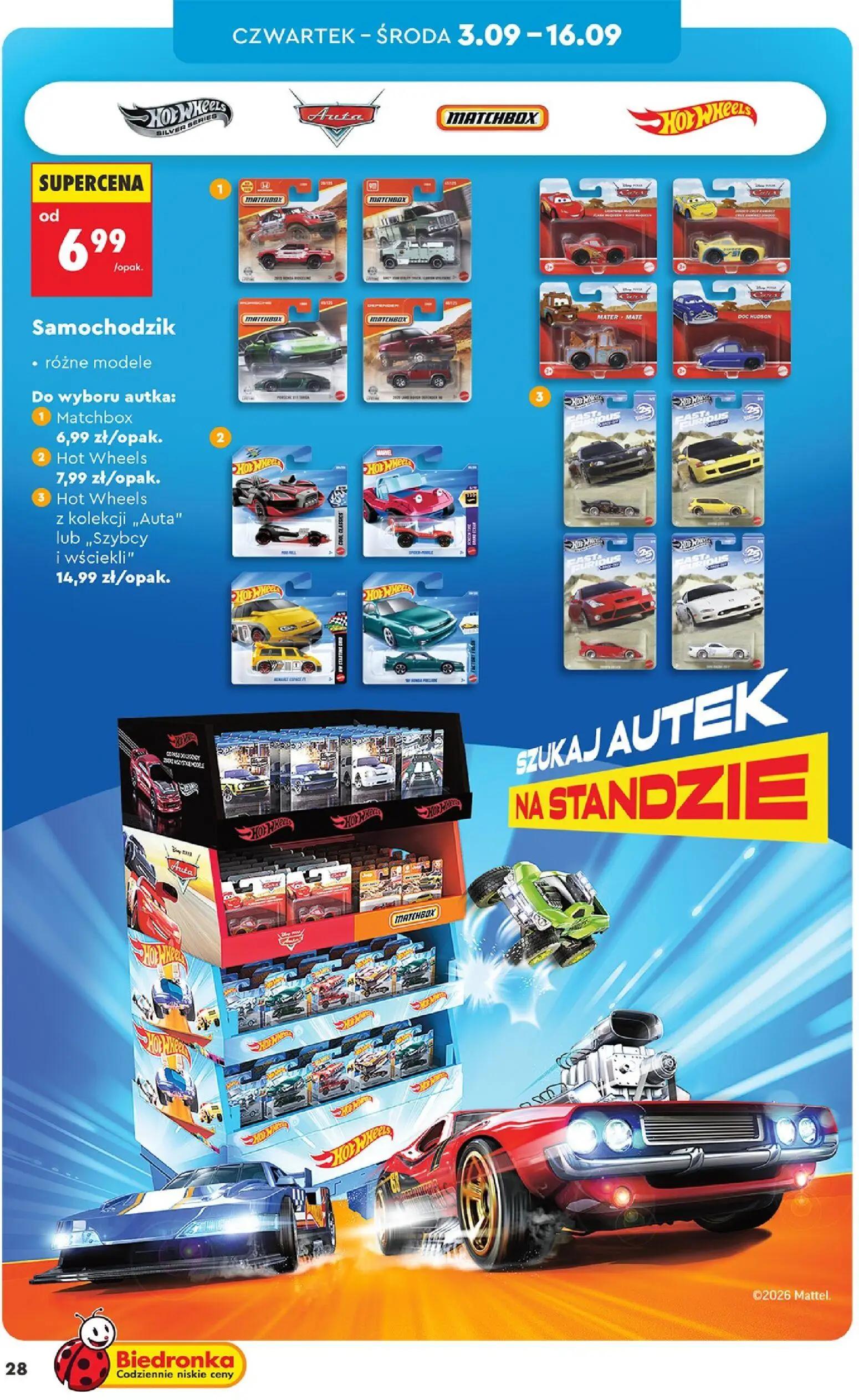 Biedronka gazetka, strona 28 z 44 — Matchbox, Hot Wheels, Hot Wheels z kolekcji "Auta" lub "Szybcy i wściekli"