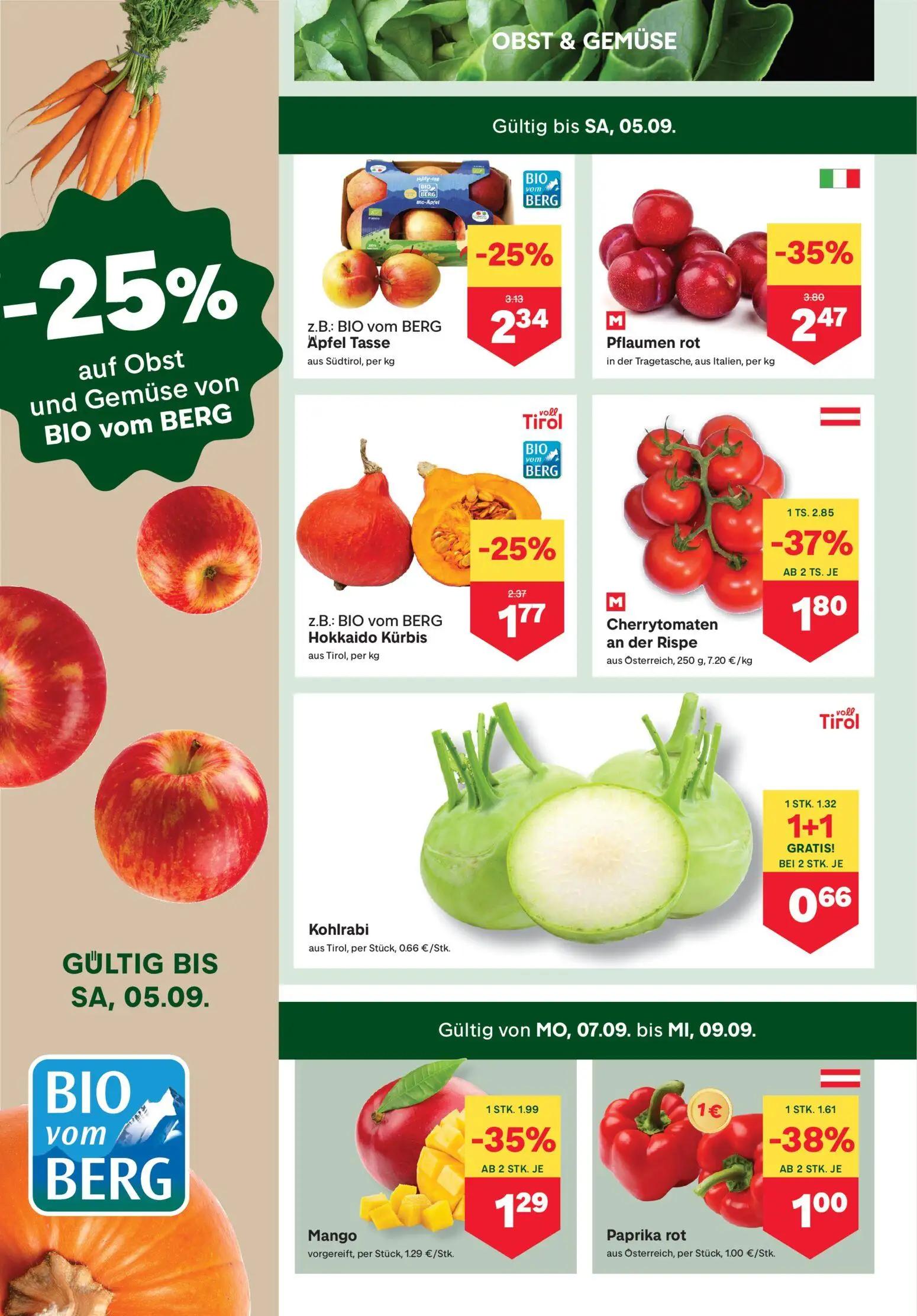 MPREIS Prospekt, Seite 2 von 19 — Pflaumen rot, Cherrytomaten an der Rispe, BIO vom BERG Apfel Tasse