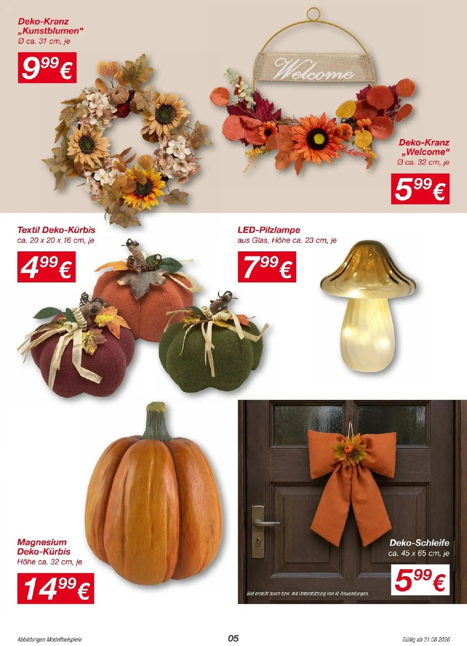 Lidl Prospekt, Seite 5 von 15 — Deko-Kranz „Kunstblumen", Deko-Kranz „Welcome", Textil Deko-Kürbis