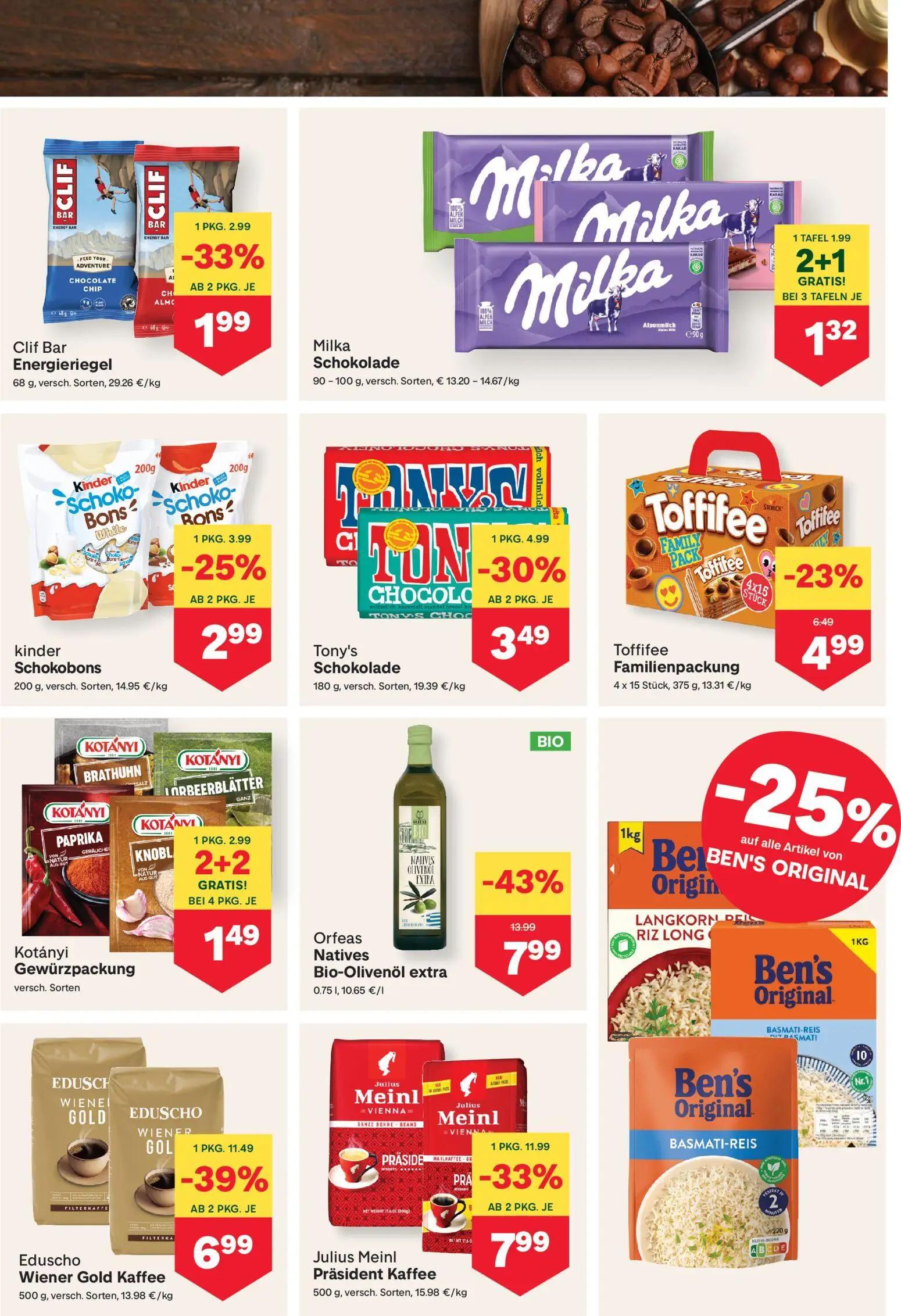 MPREIS Prospekt, Seite 7 von 19 — Orfeas Natives Bio-Olivenöl extra, Eduscho Wiener Gold Kaffee, Julius Meinl Präsident Kaff…