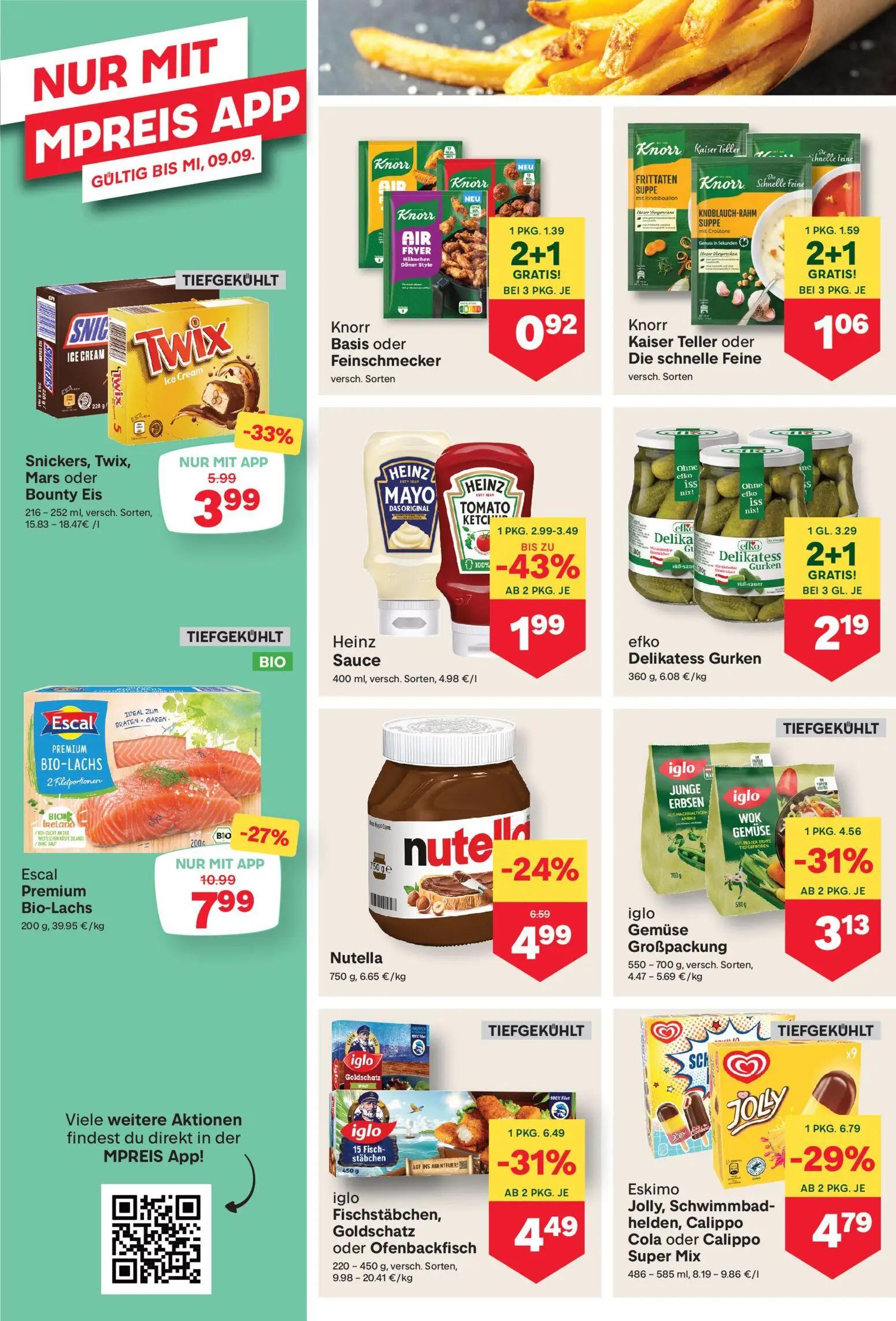 MPREIS Prospekt, Seite 8 von 19 — Escal Premium Bio-Lachs, Snickers, Twix, Mars oder Bounty Eis, iglo Fischstäbchen, Goldsch…