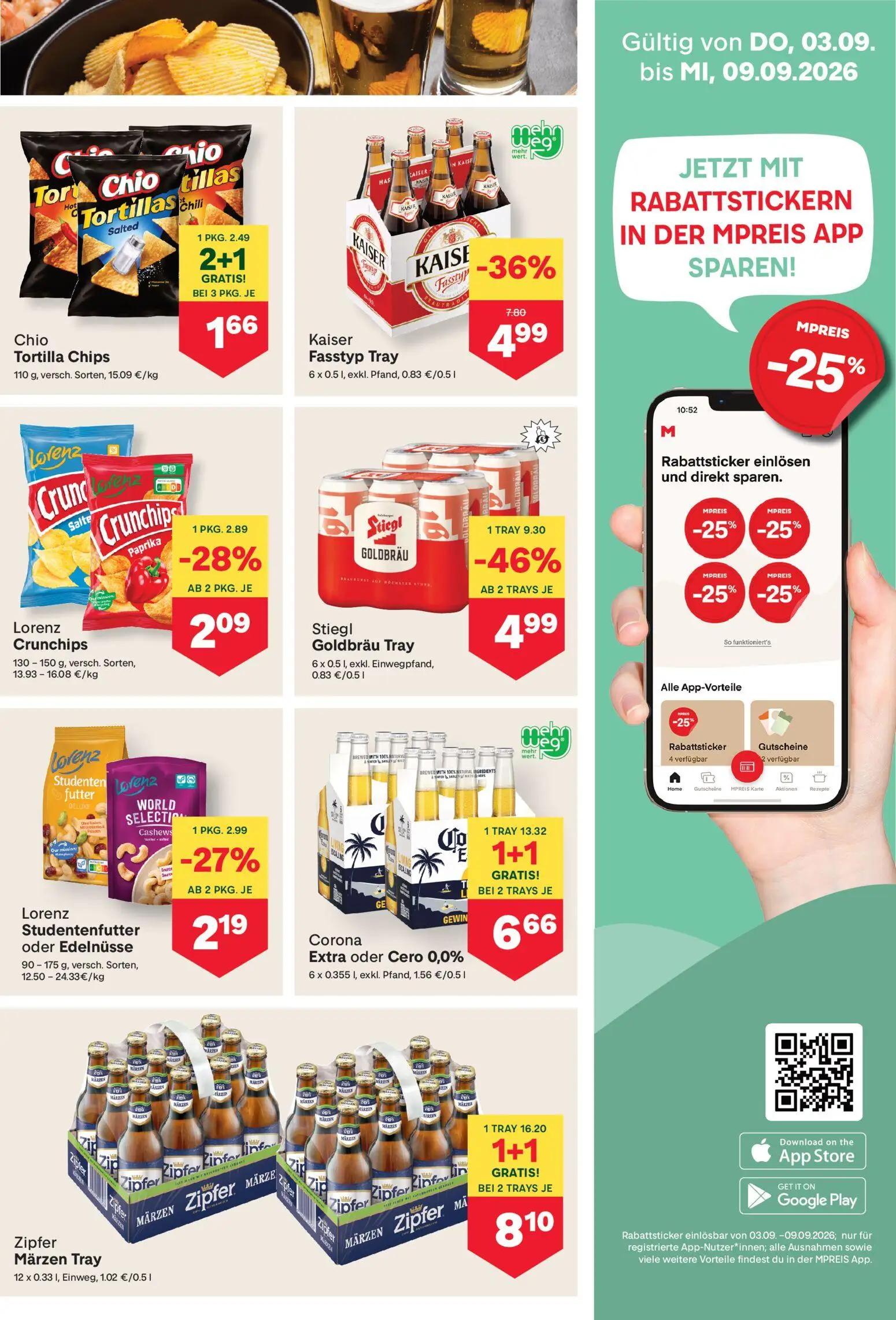 MPREIS Prospekt, Seite 9 von 19 — Zipfer Märzen Tray, Corona Extra oder Cero 0,0%, Stiegl Goldbräu Tray