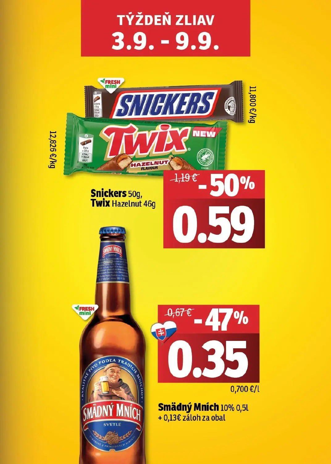 Fresh východ leták, strana 3 z 50 — Snickers, Twix Hazelnut, Smädný Mních 10%