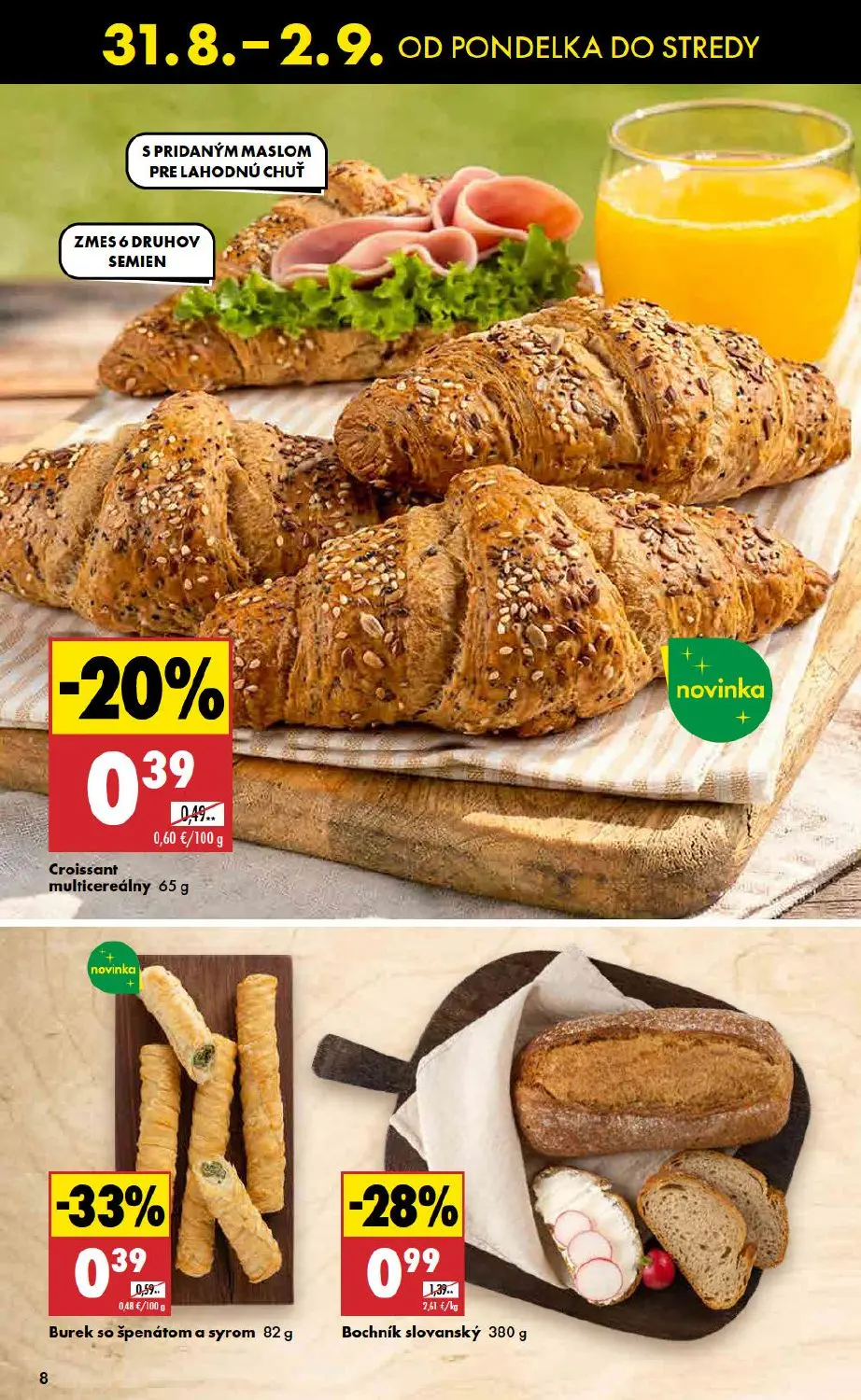 Biedronka leták, strana 8 z 10 — Bochník slovanský, Burek so špenátom a syrom, Croissant multicereálny