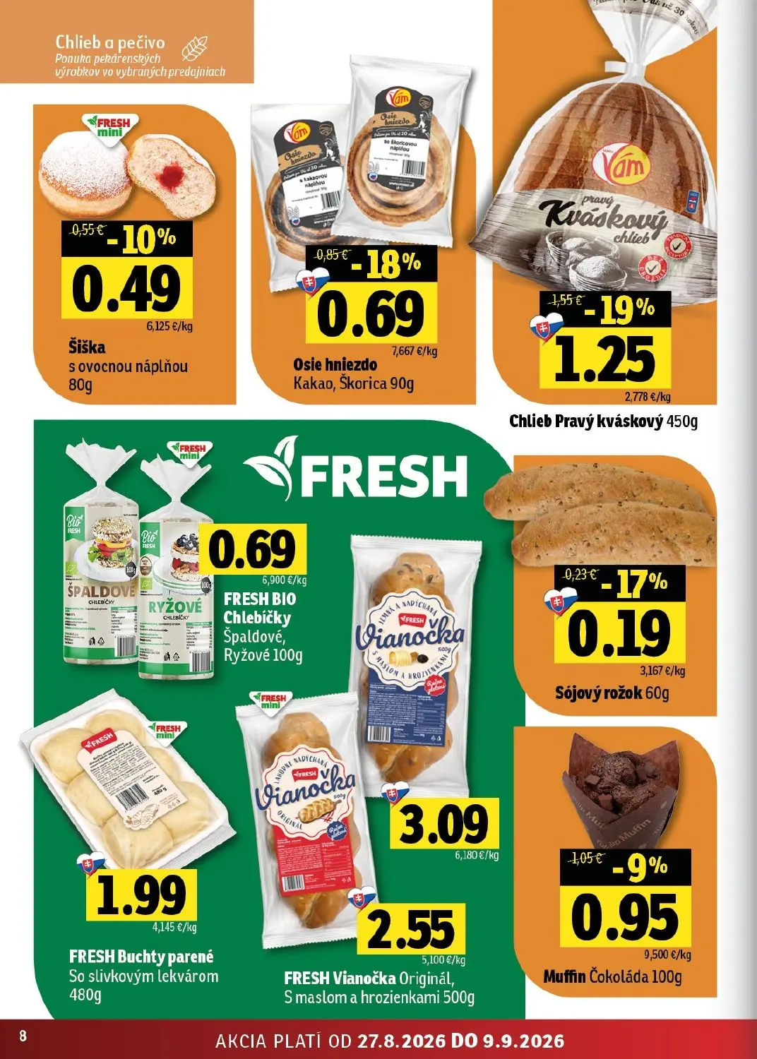 Fresh východ leták, strana 8 z 50 — Chlieb Pravý kváskový, Osie hniezdo Kakao, Škorica, Muffin Čokoláda