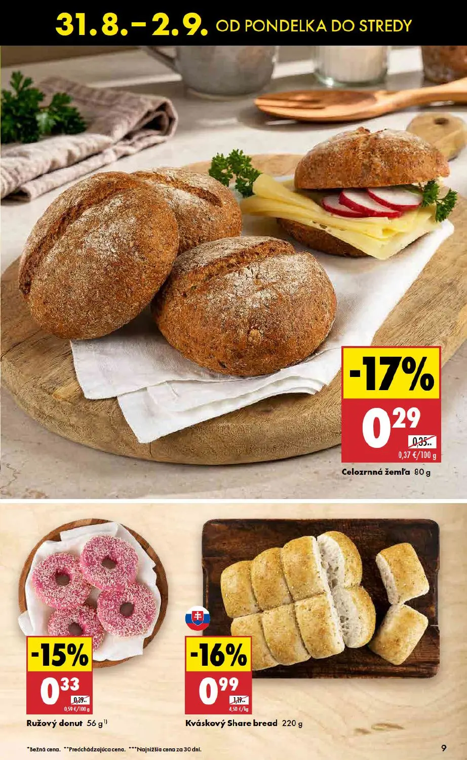 Biedronka leták, strana 9 z 10 — Kváskový Share bread, Celozrnná žemla, Ružový donut