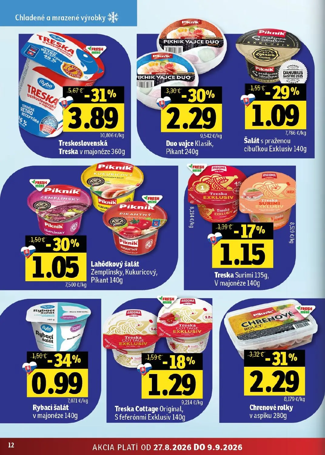 Fresh východ leták, strana 12 z 50 — Treskoslovenská Treska v majonéze, Chrenové rolky v aspiku, Duo vajce Klasik, Pikant