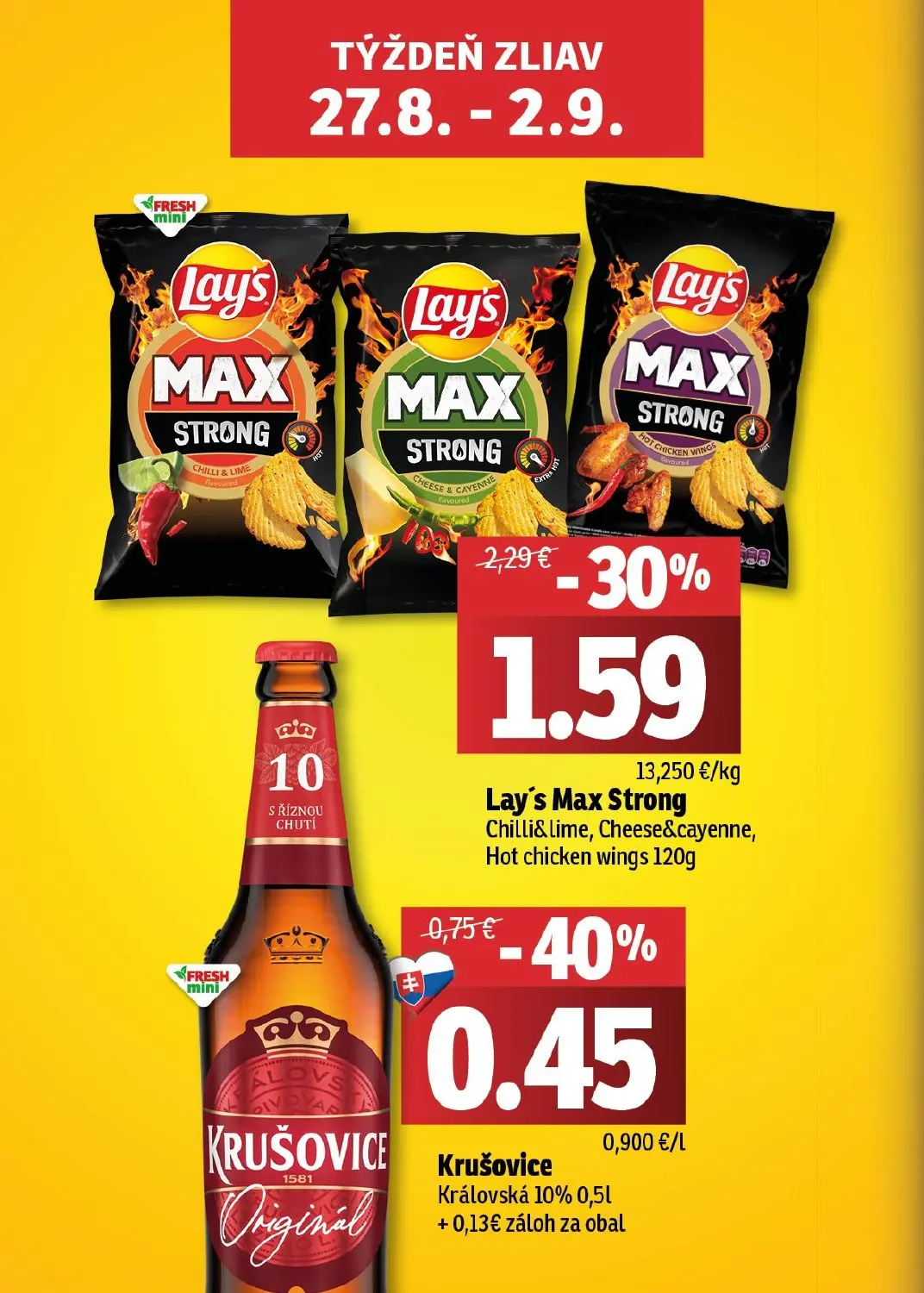 Fresh - západ leták, strana 2 z 46 — Lay's Max Strong Chilli&Lime, Cheese&cayenne, Hot chicken wings 120g, Krušovice Královs…