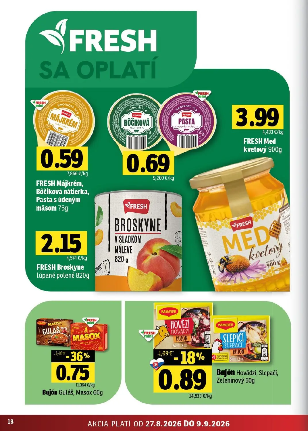 Fresh východ leták, strana 18 z 50 — Bujón Guláš, Masox, Bujón Hovädzí, Slepačí, Zeleninový, FRESH Májkrém, Bôčiková nátierk…