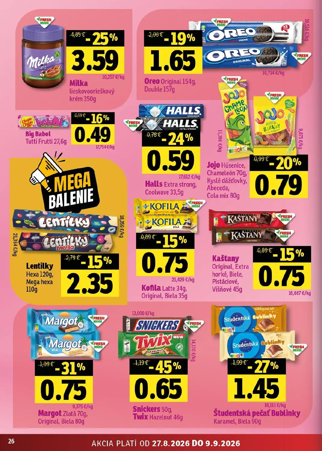 Fresh východ leták, strana 26 z 50 — Milka lieskovoorieškový krém, Snickers, Twix Hazelnut, Študentská pečať Bublinky Karame…