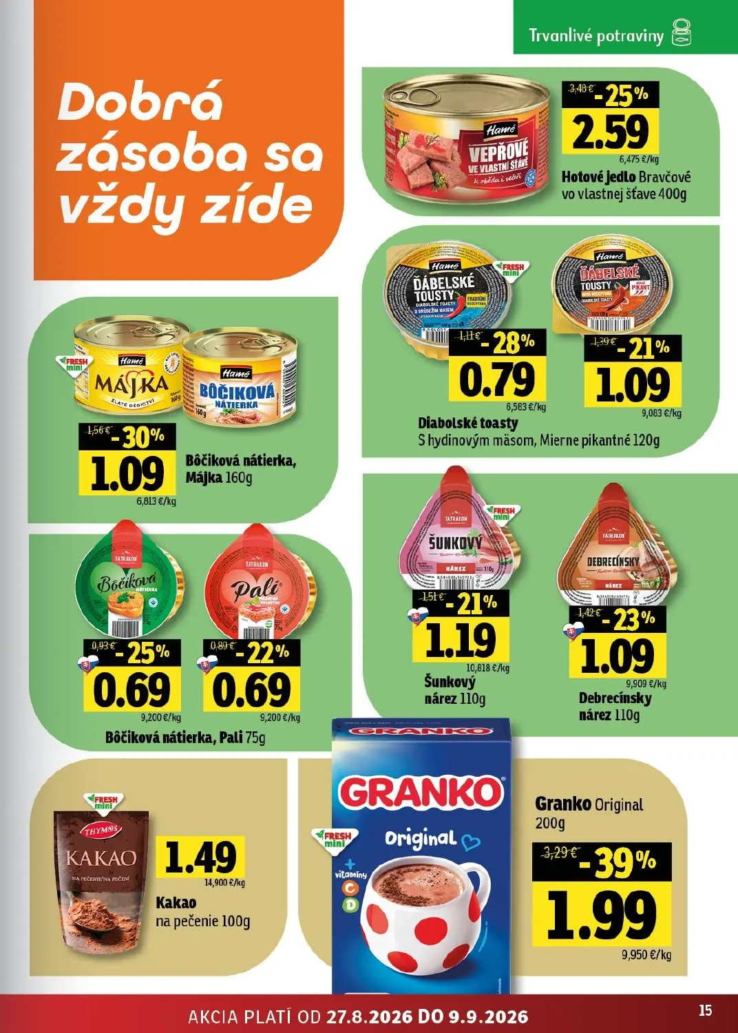 Fresh - západ leták, strana 15 z 46 — Granko Original, Hotové jedlo Bravčové vo vlastnej šťave, Bôčiková nátierka, Májka