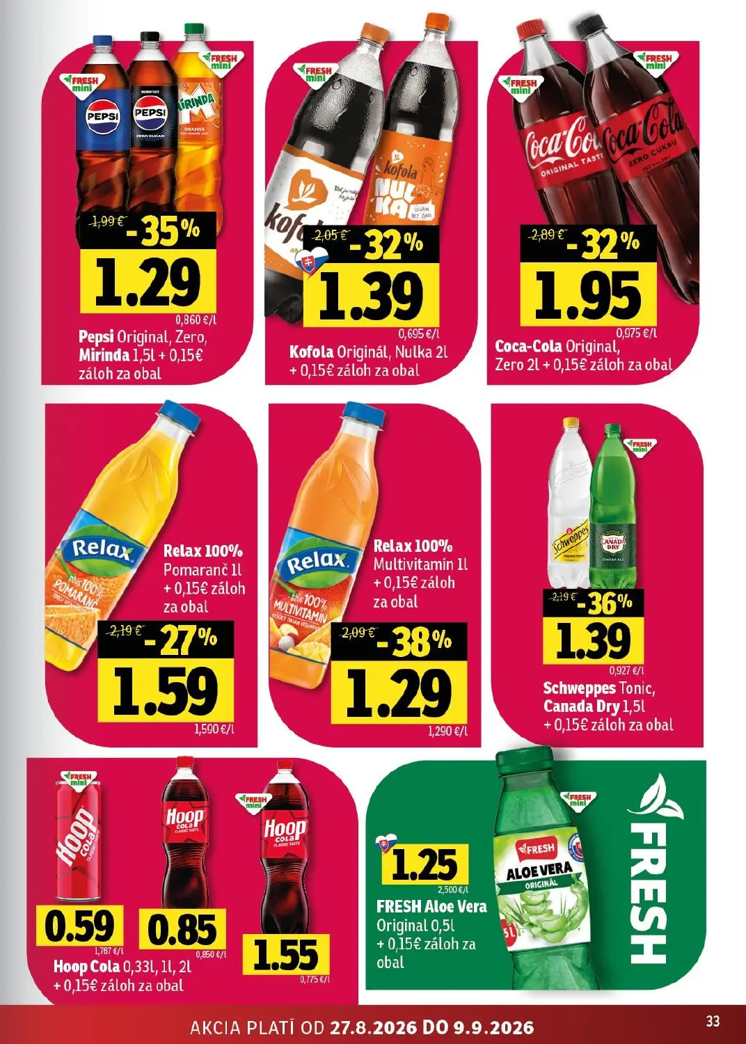 Fresh východ leták, strana 33 z 50 — Coca-Cola Original, Zero, Relax 100% Multivitamín, Schweppes Tonic, Canada Dry