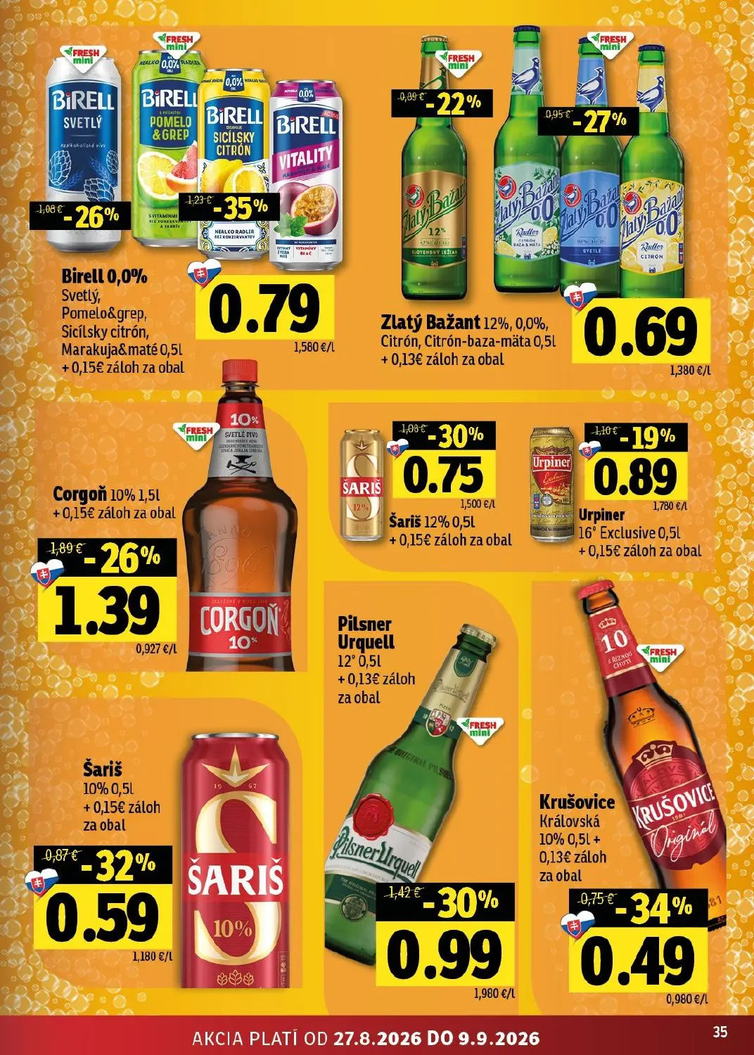 Fresh východ leták, strana 35 z 50 — Corgoň 10%, Birell 0,0%, Pilsner Urquell 12°