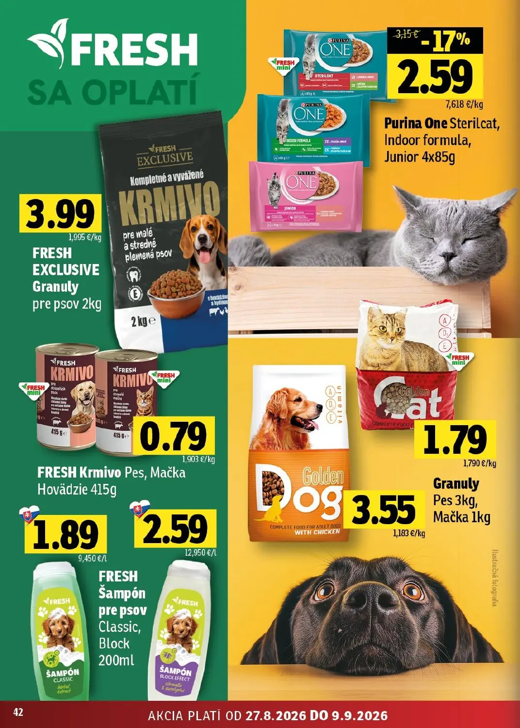 Fresh východ leták, strana 42 z 50 — Purina One Sterilcat, Indoor formula, Junior, FRESH EXCLUSIVE Granuly pre psov, FRESH K…